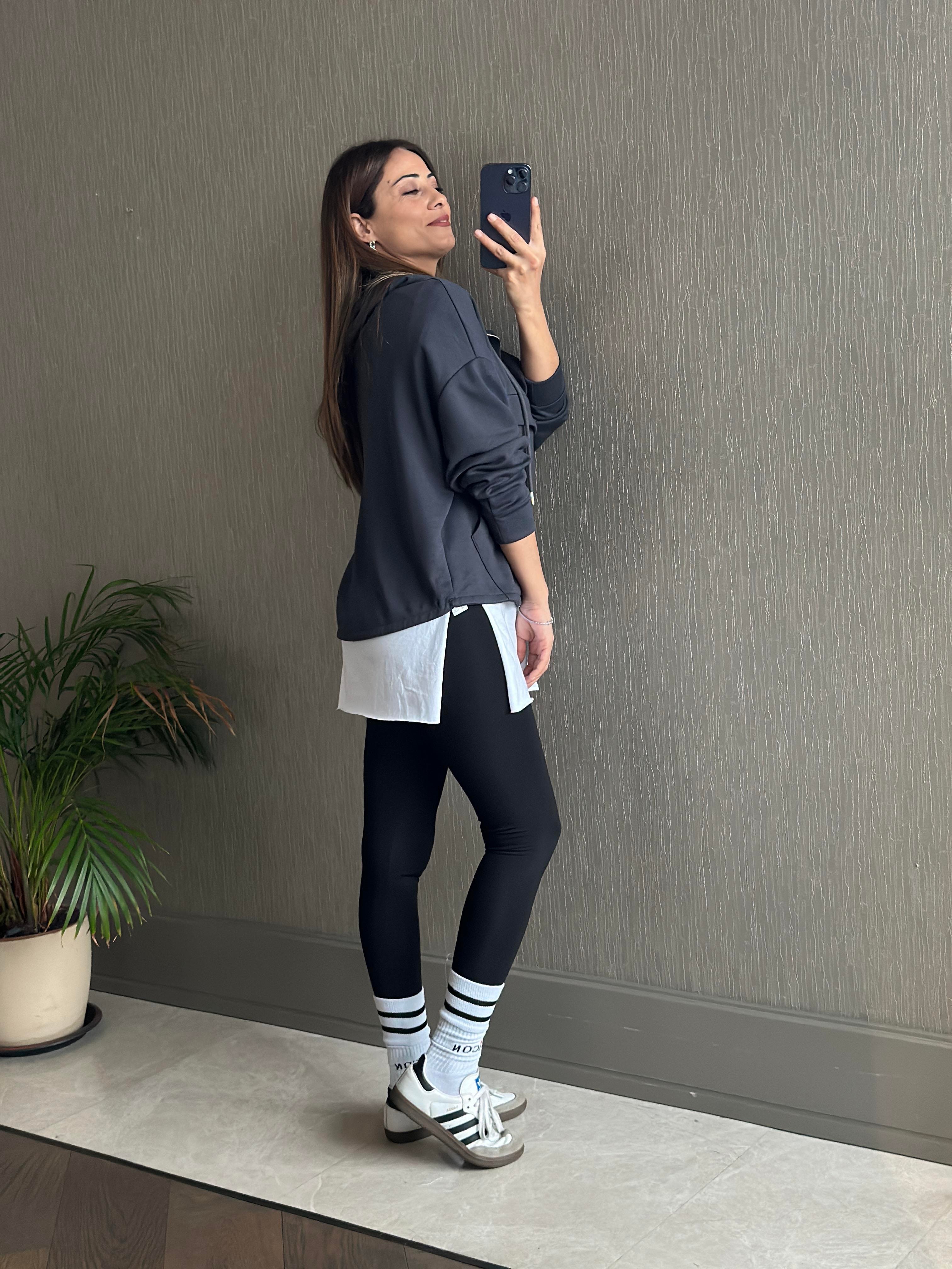 Antrasit Kapüşonlu Yarım Fermuarlı Kanguru Cep Modal Kadın Sweatshirt
