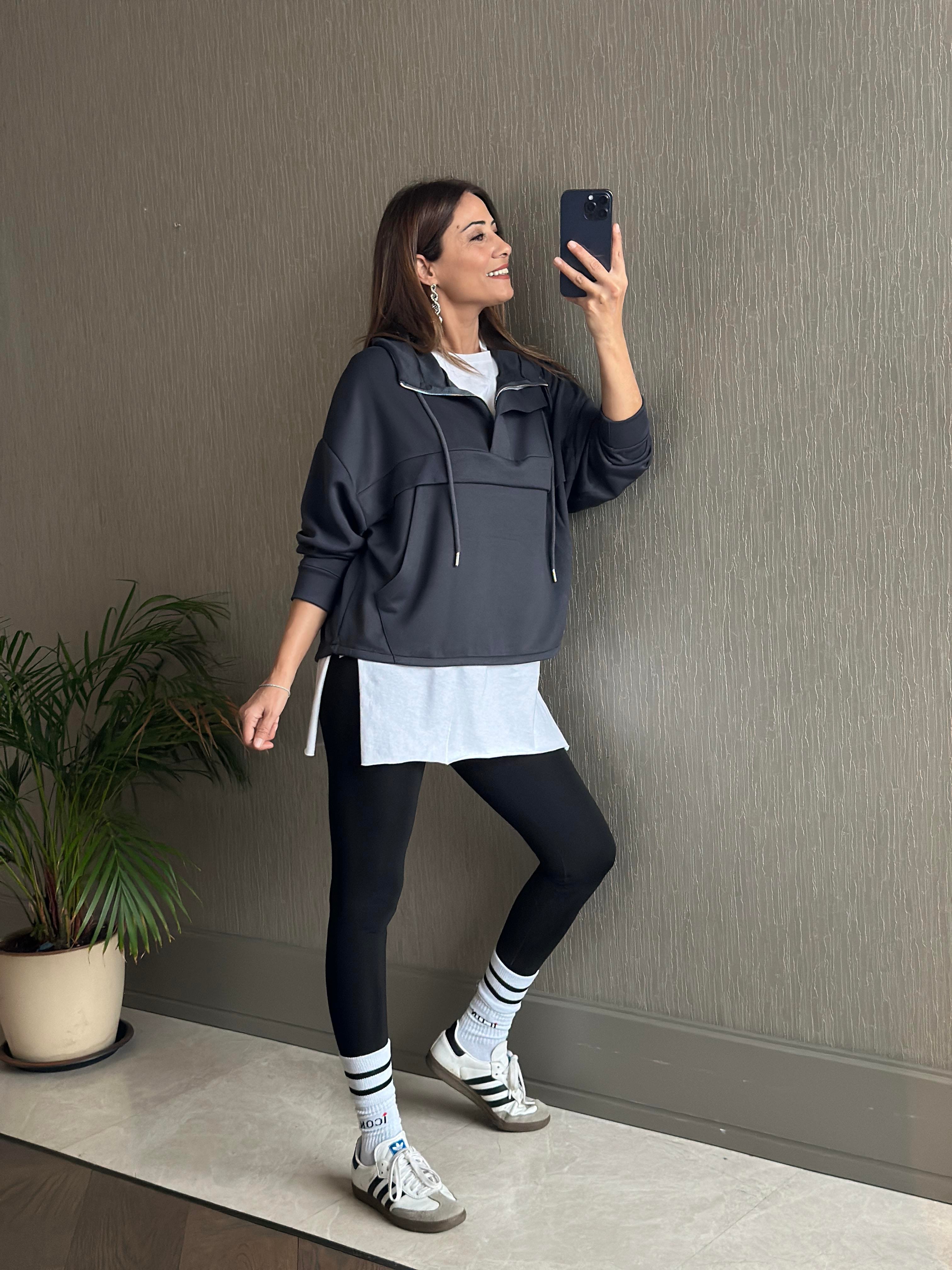 Antrasit Kapüşonlu Yarım Fermuarlı Kanguru Cep Modal Kadın Sweatshirt