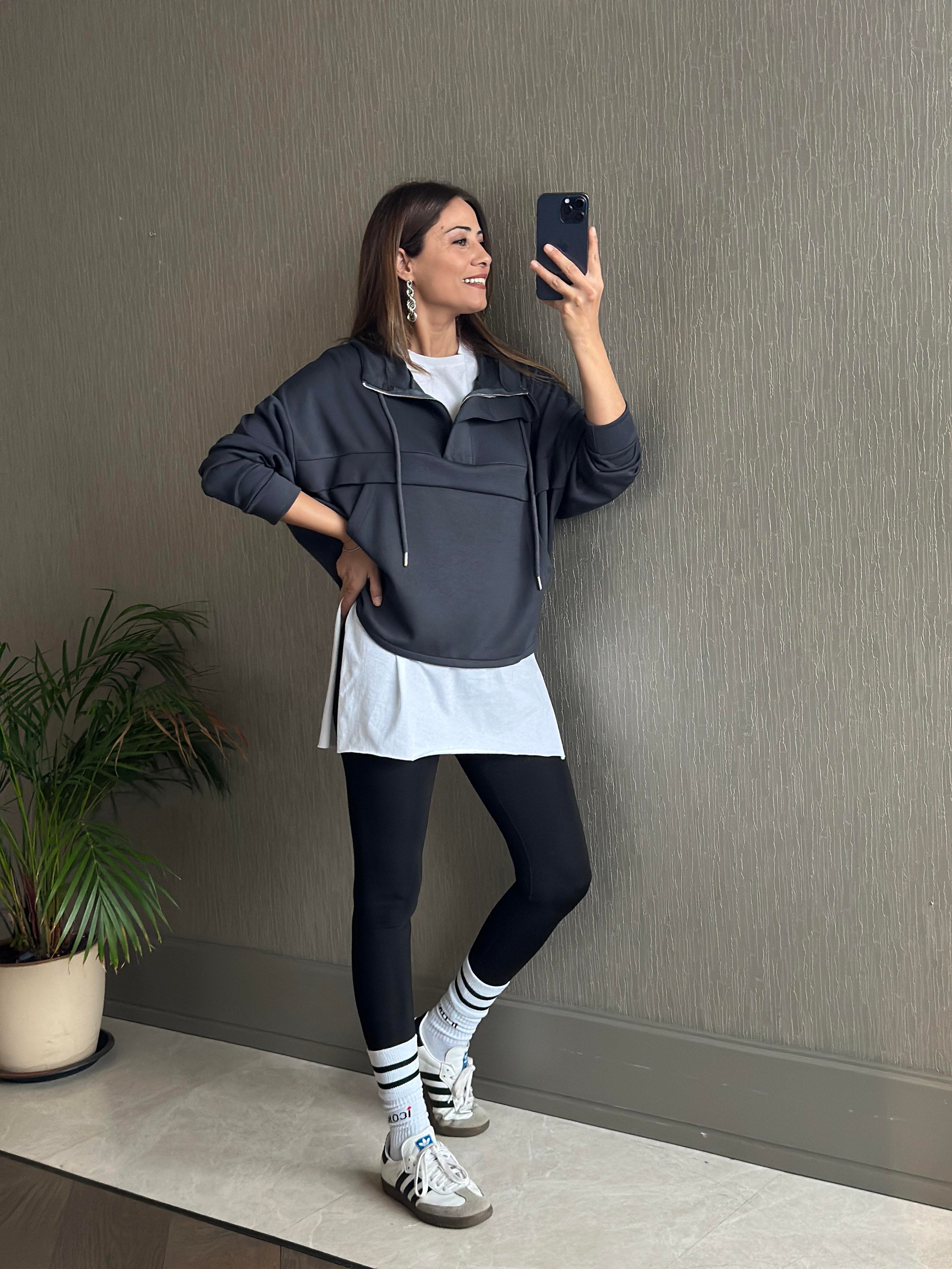 Antrasit Kapüşonlu Yarım Fermuarlı Kanguru Cep Modal Kadın Sweatshirt