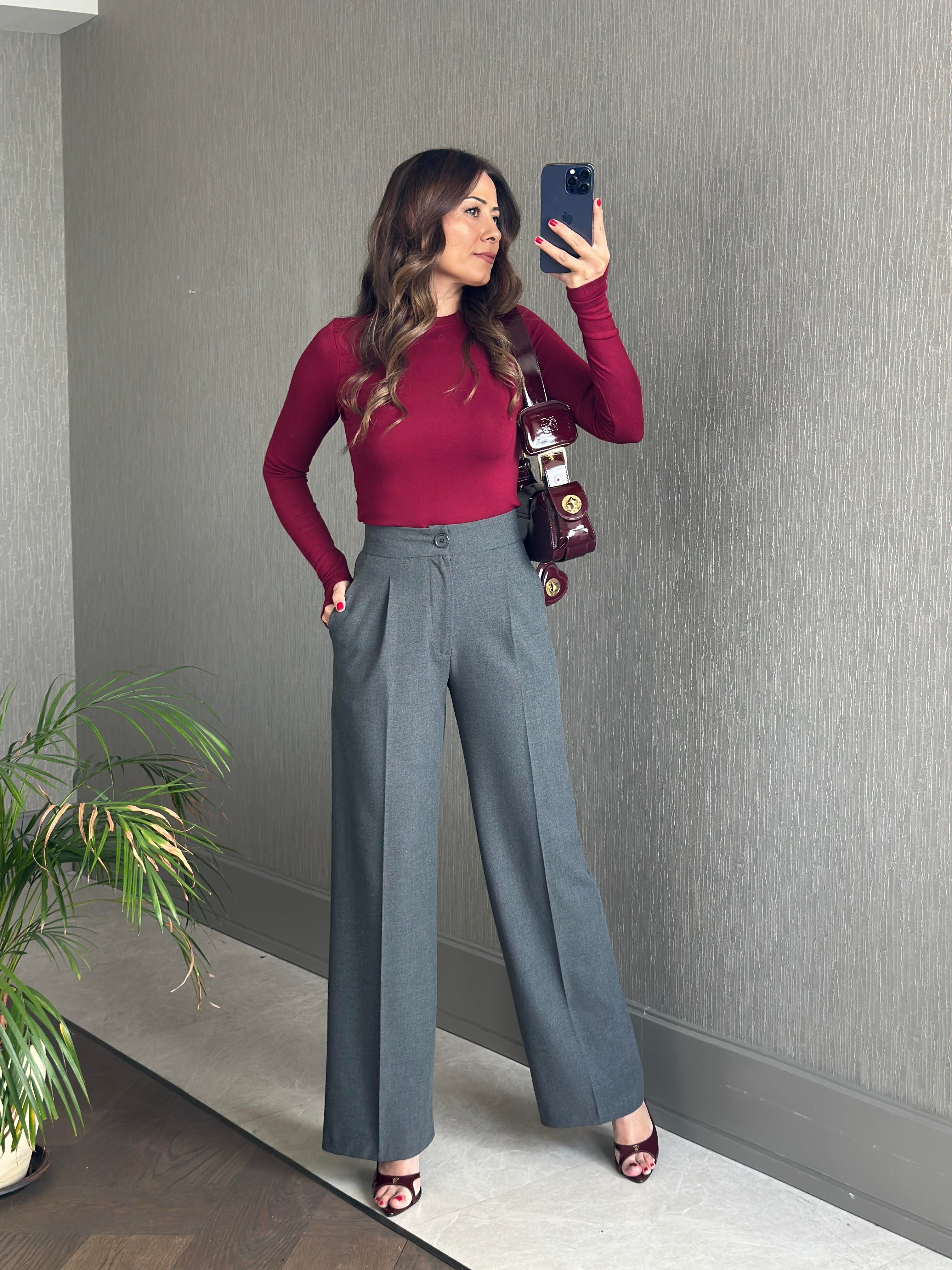 Antrasit Karol Kalın Kemerli Cepli Kadın Kumaş Pantolon