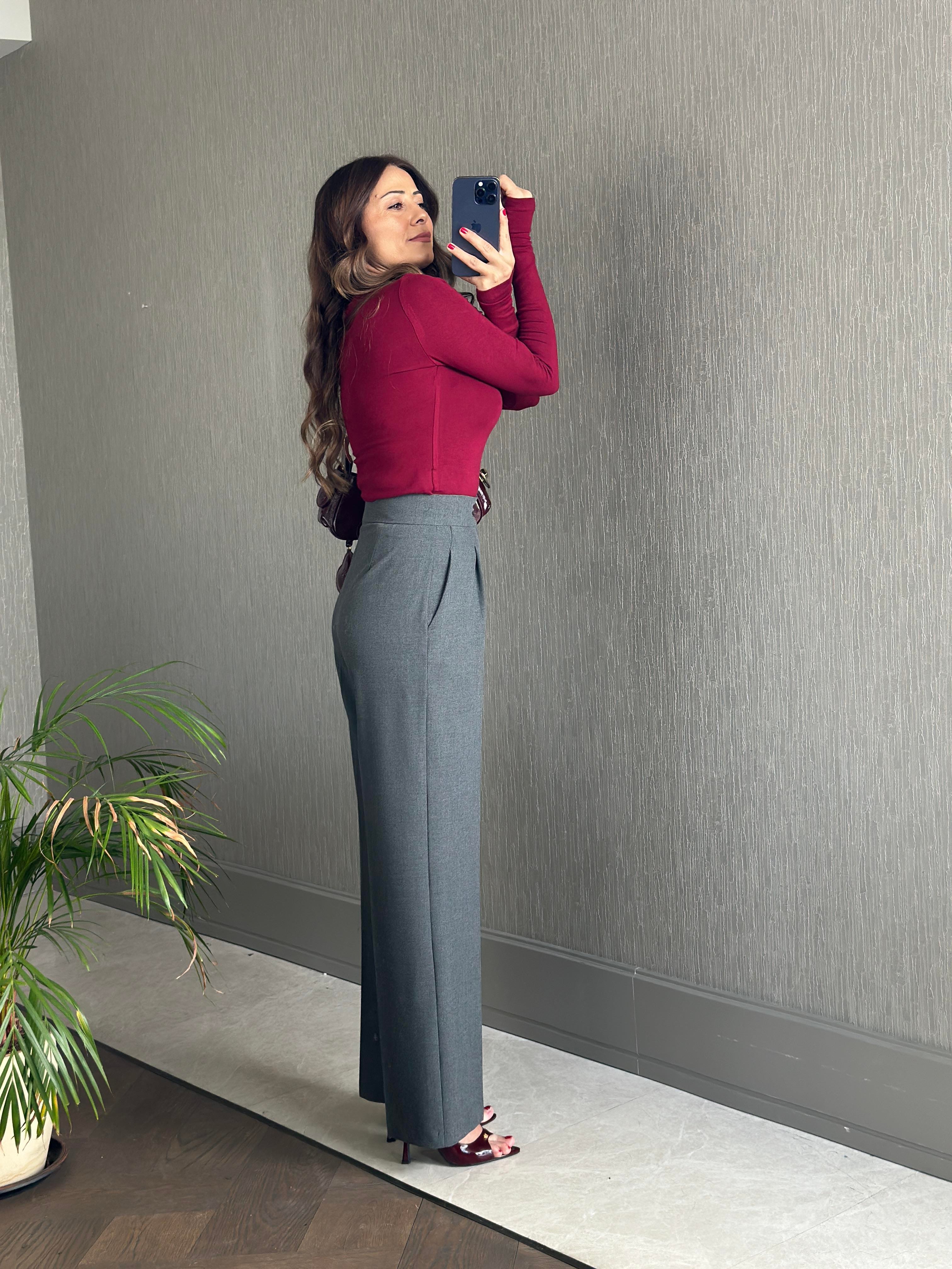 Antrasit Karol Kalın Kemerli Cepli Kadın Kumaş Pantolon