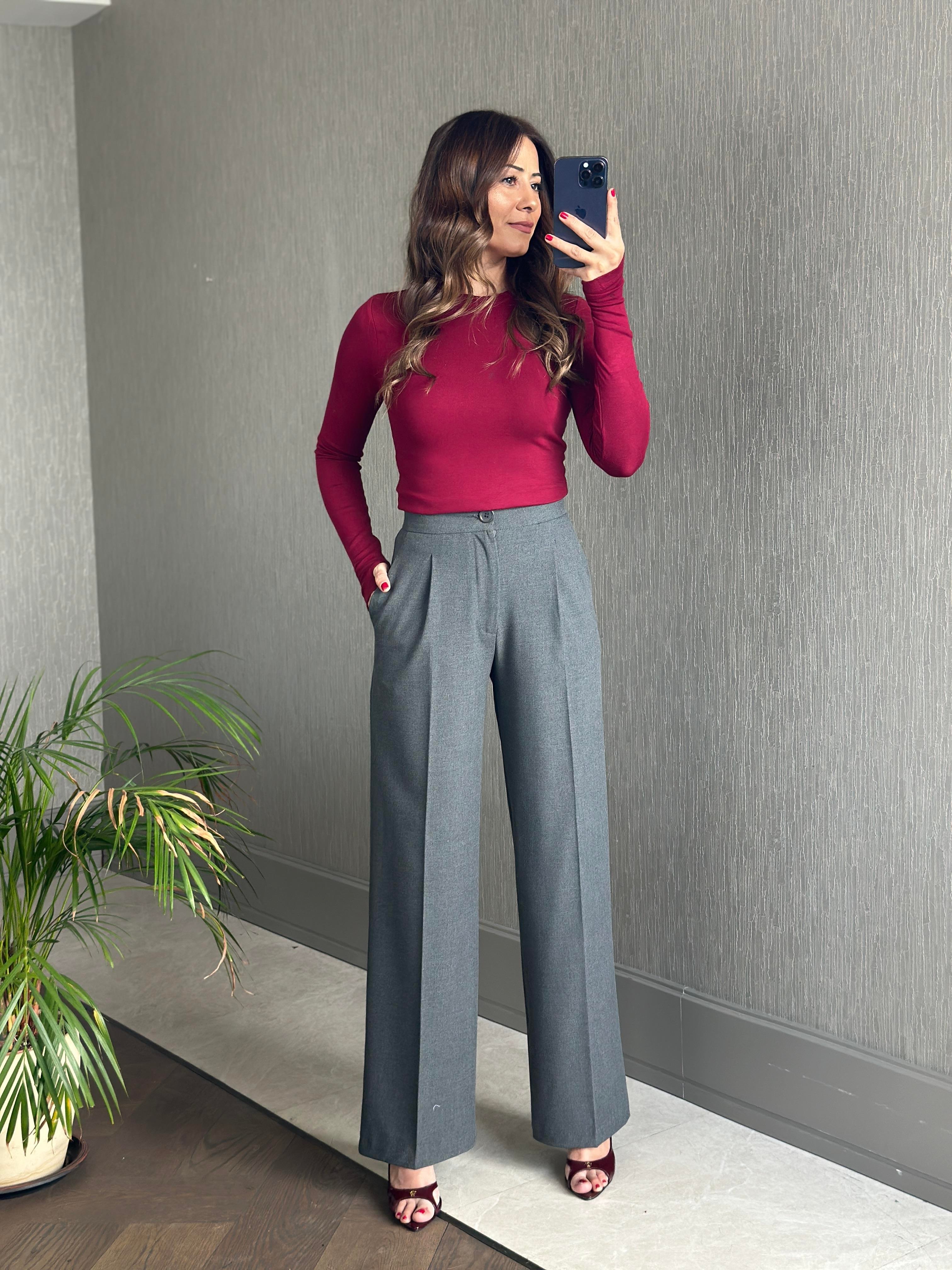 Antrasit Karol Kalın Kemerli Cepli Kadın Kumaş Pantolon