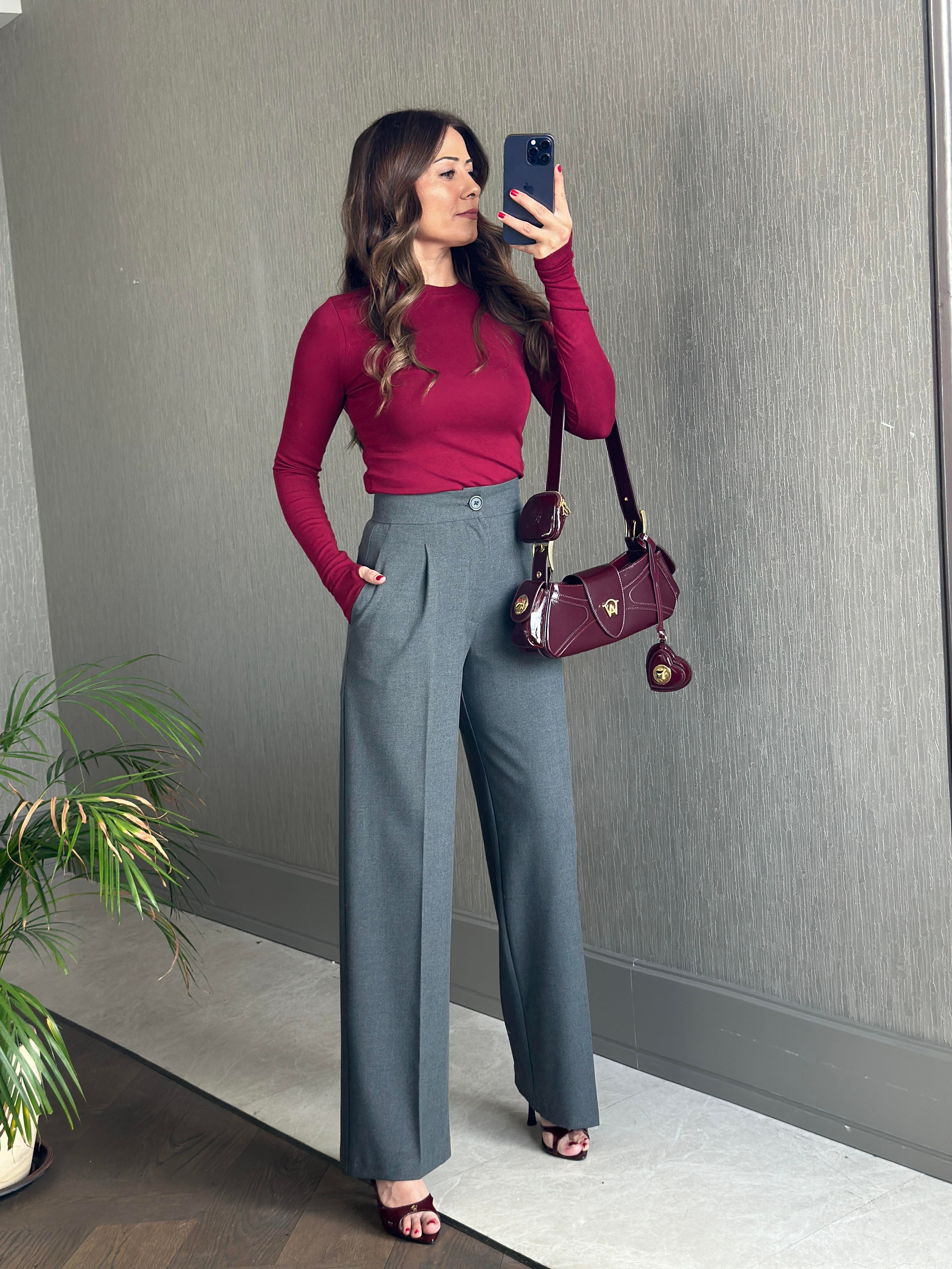 Antrasit Karol Kalın Kemerli Cepli Kadın Kumaş Pantolon