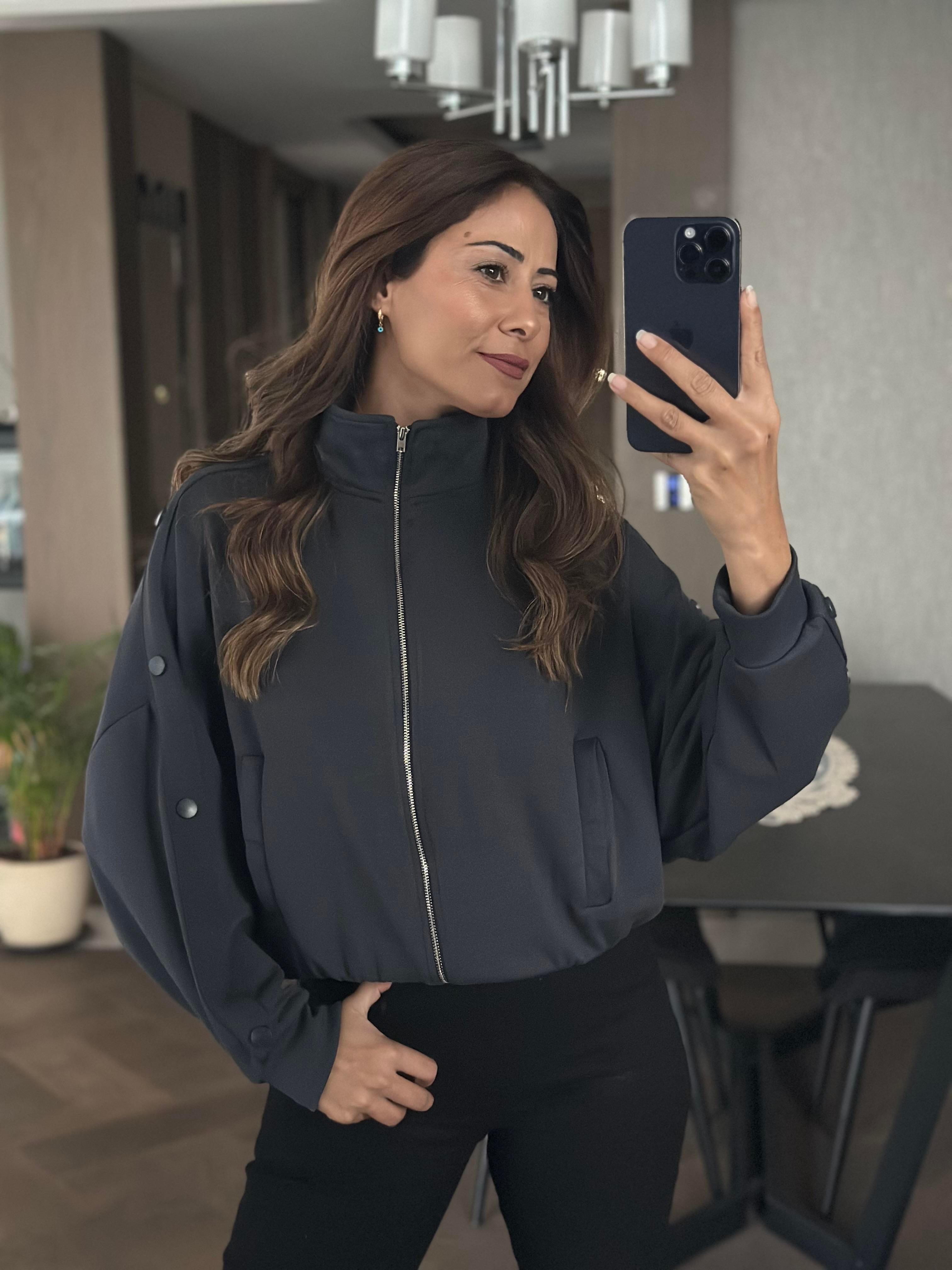 Antrasit Kolları Çıtçıt Detay Fermuarlı Cepli Kadın Sweatshirt