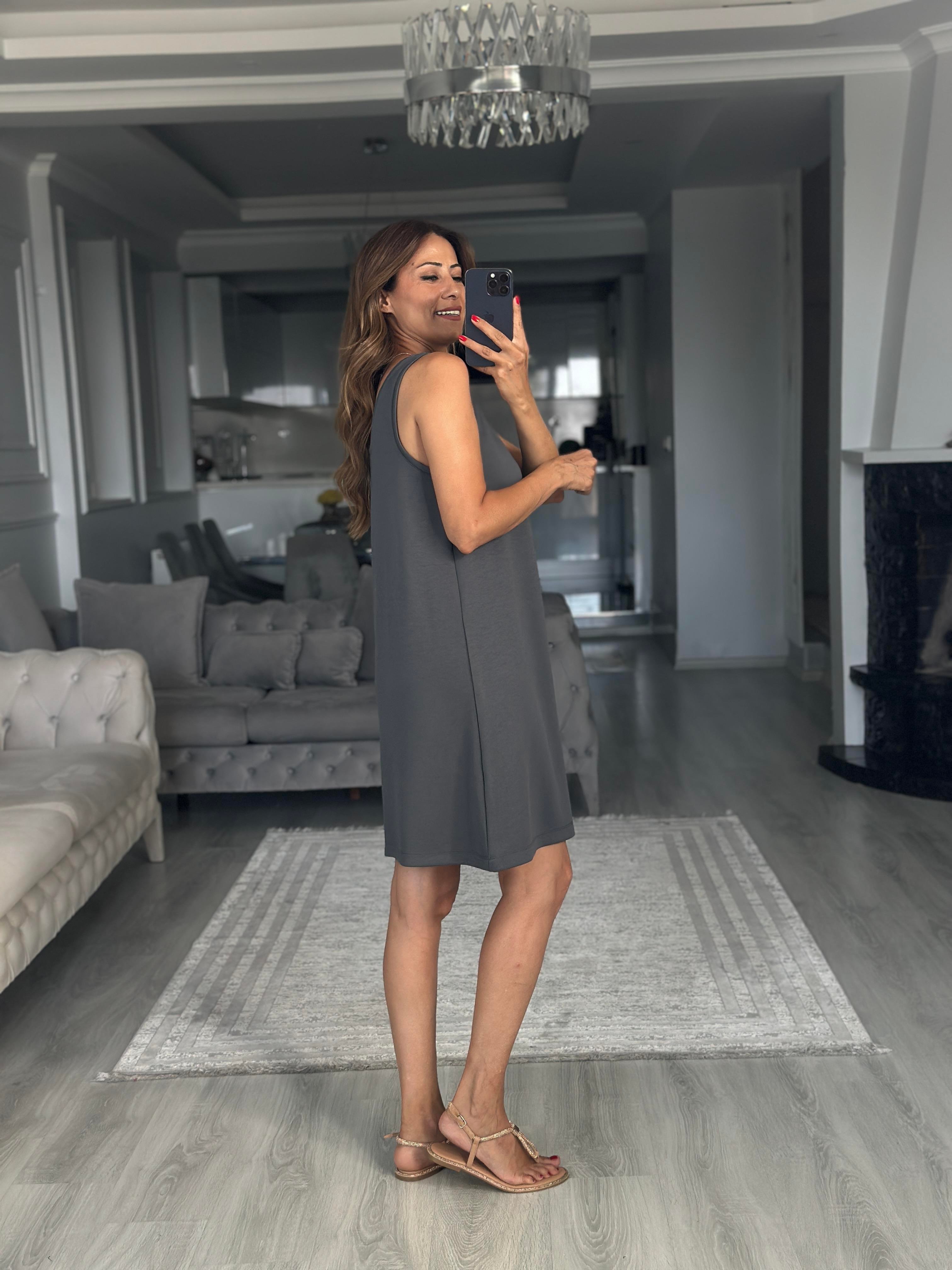 Antrasit Ön Arka U Yaka  Basic Mini Kadın Elbise