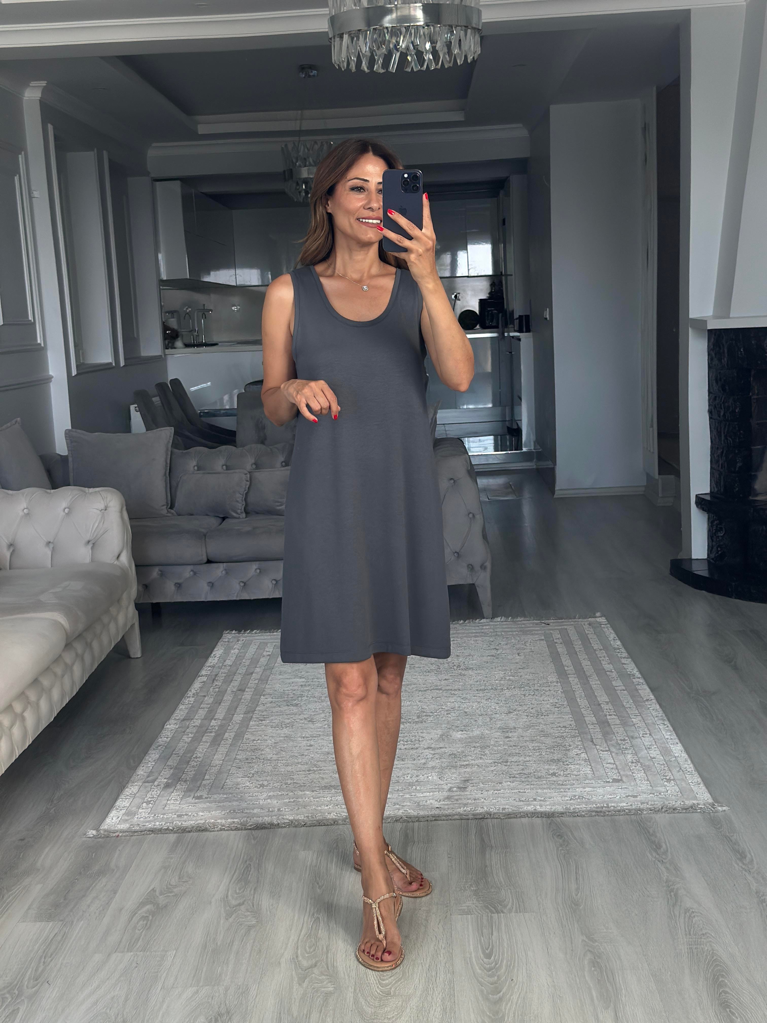 Antrasit Ön Arka U Yaka  Basic Mini Kadın Elbise