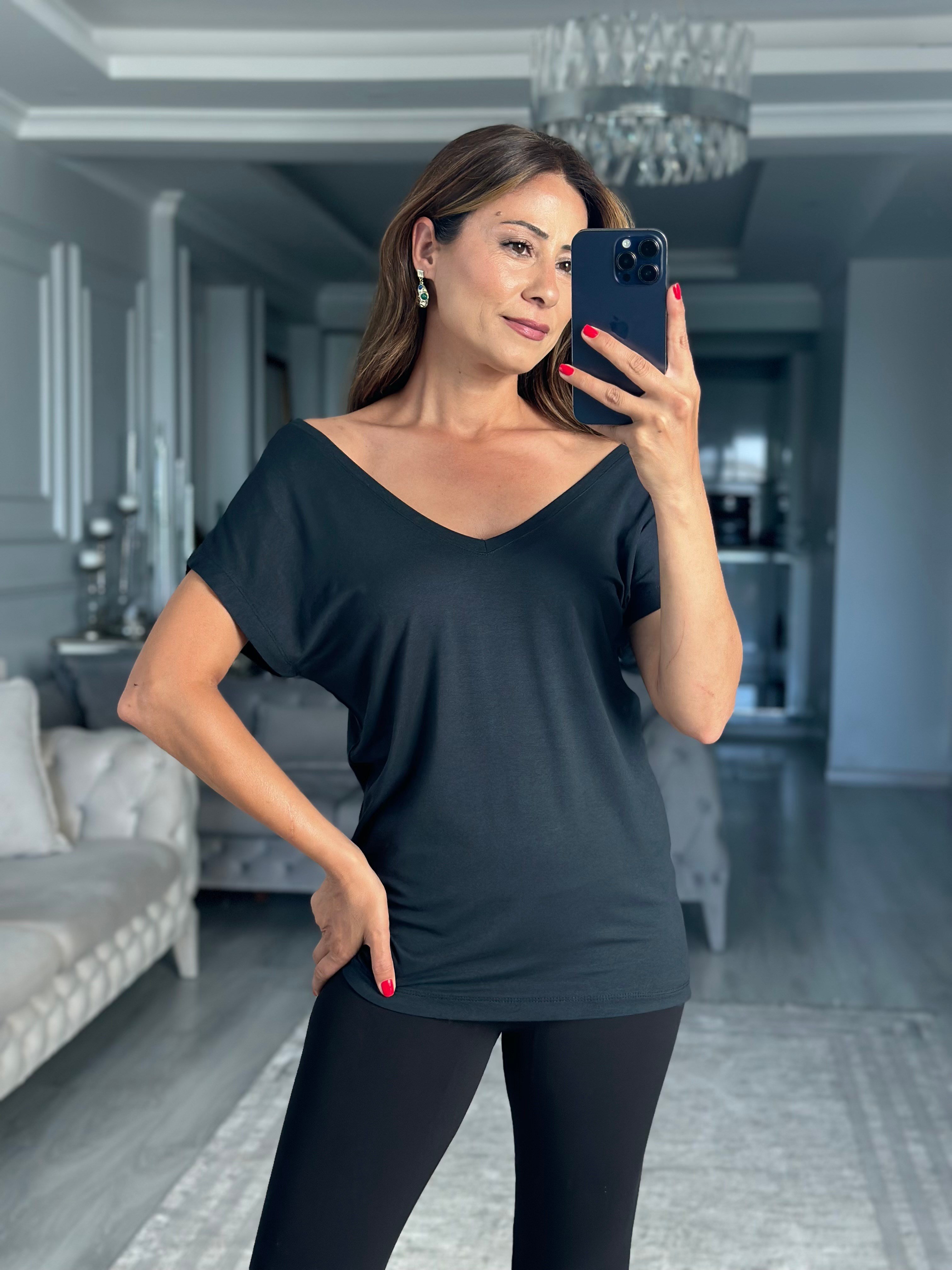Antrasit Ön Arka V Yaka Kısa Kol Kadın T-Shirt