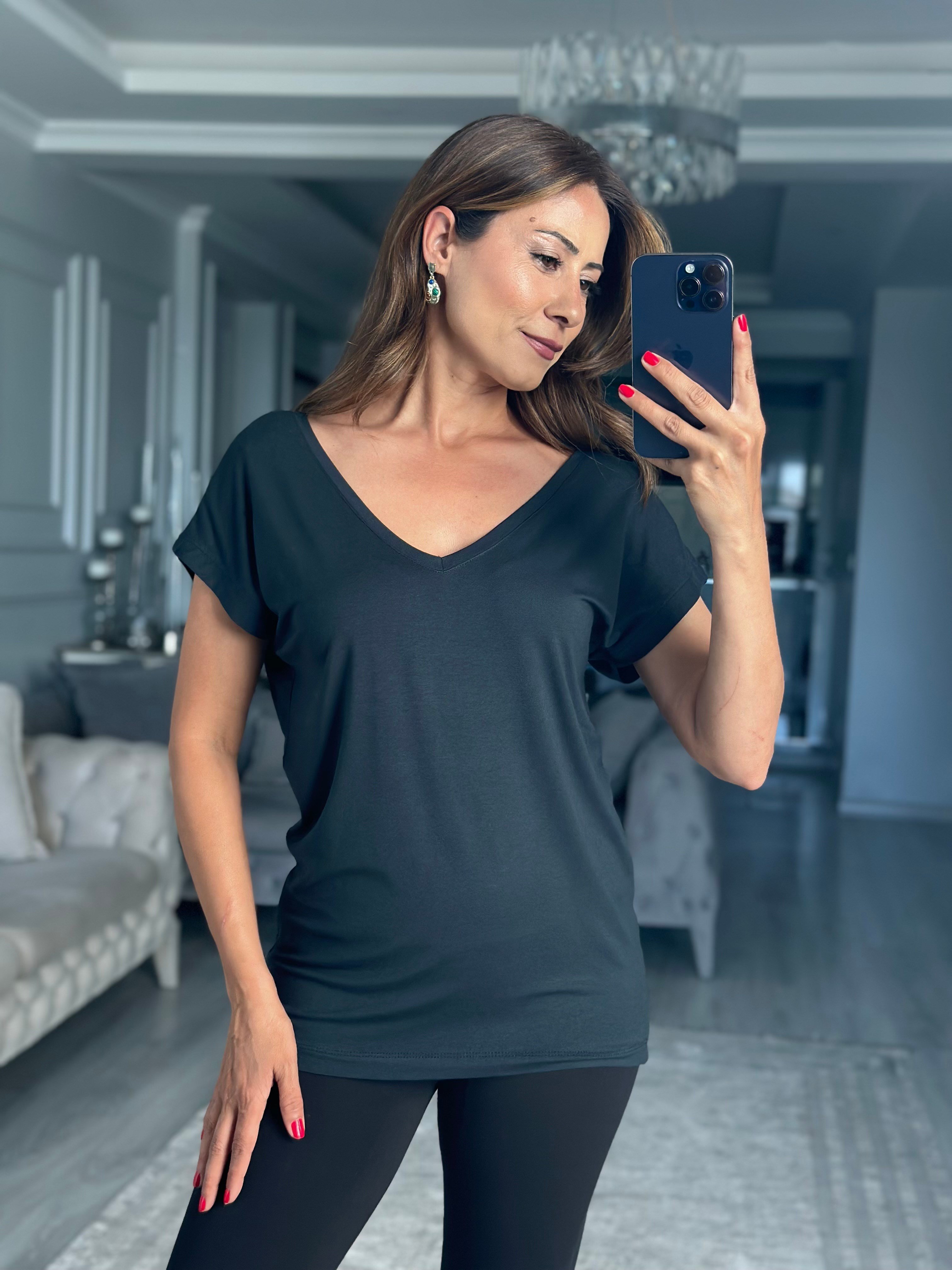 Antrasit Ön Arka V Yaka Kısa Kol Kadın T-Shirt