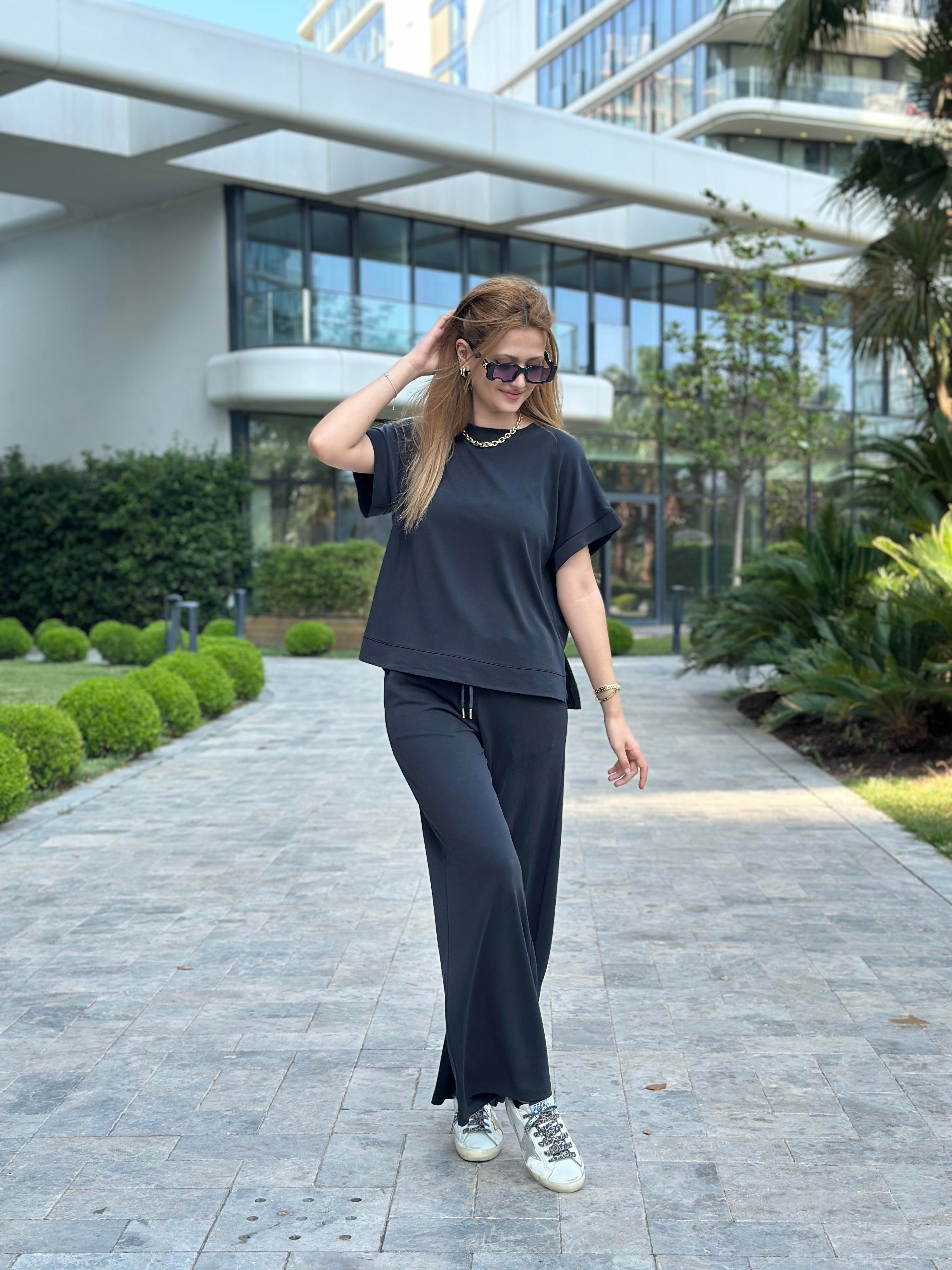 Antrasit Pike Modal T-Shirt Pantolon Kadın İkili Takım