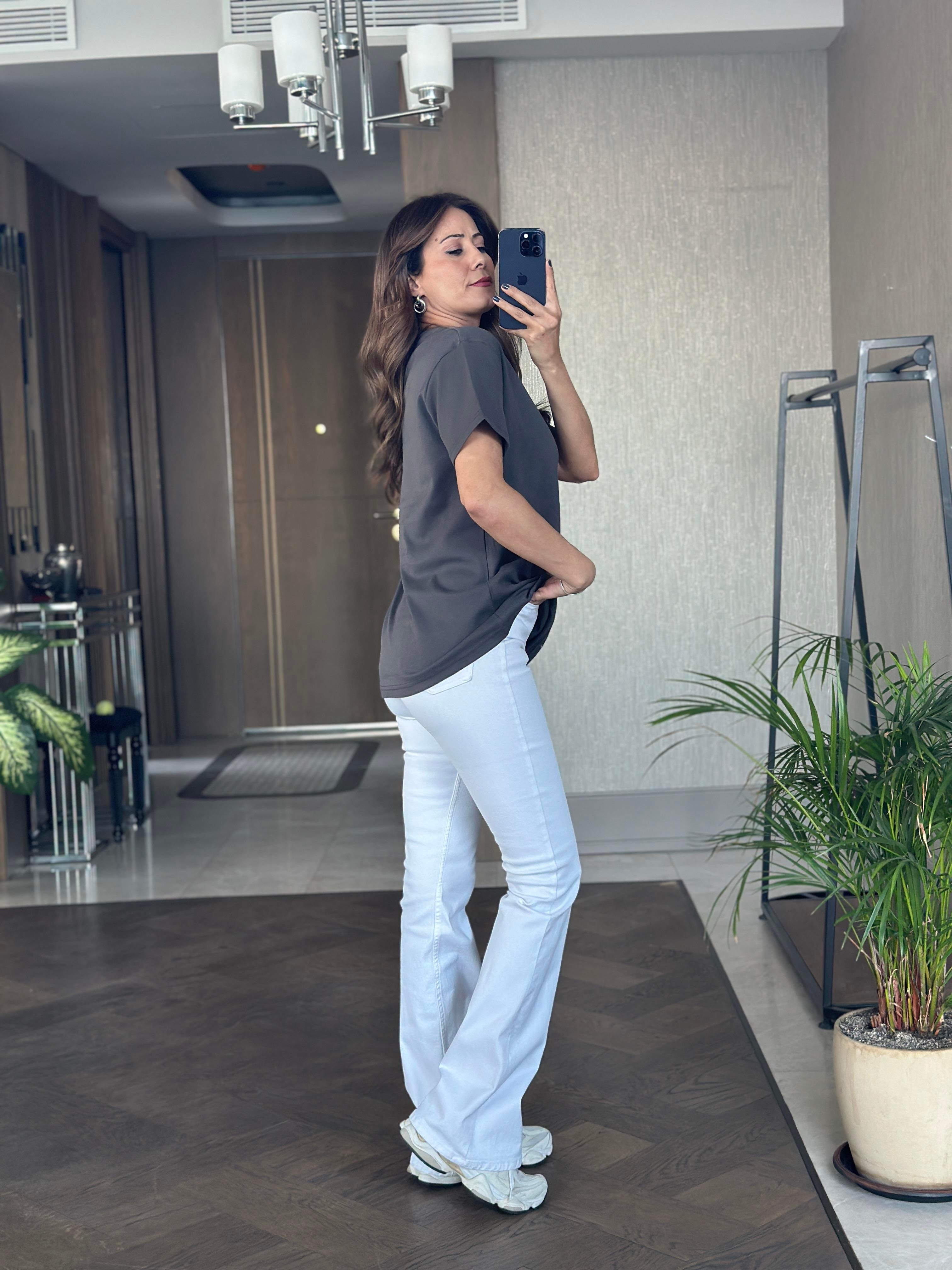 Antrasit Prd Üçgen Logolu Bisiklet Yaka Kadın T-Shirt