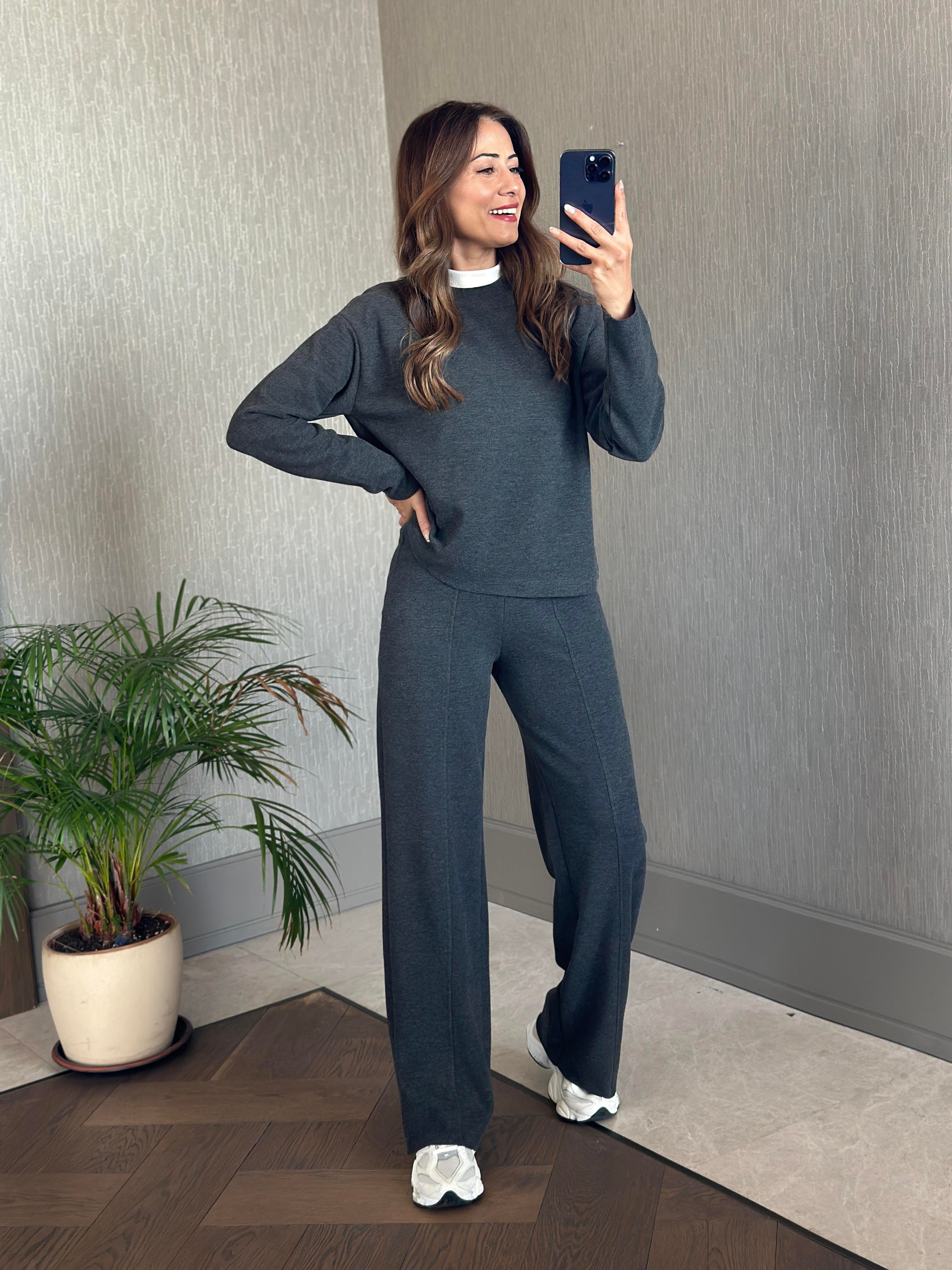 Antrasit Selanik Eteği Ve Paçası Kesik Sweatshirt Pantolon Kadın Alt Üst Takım