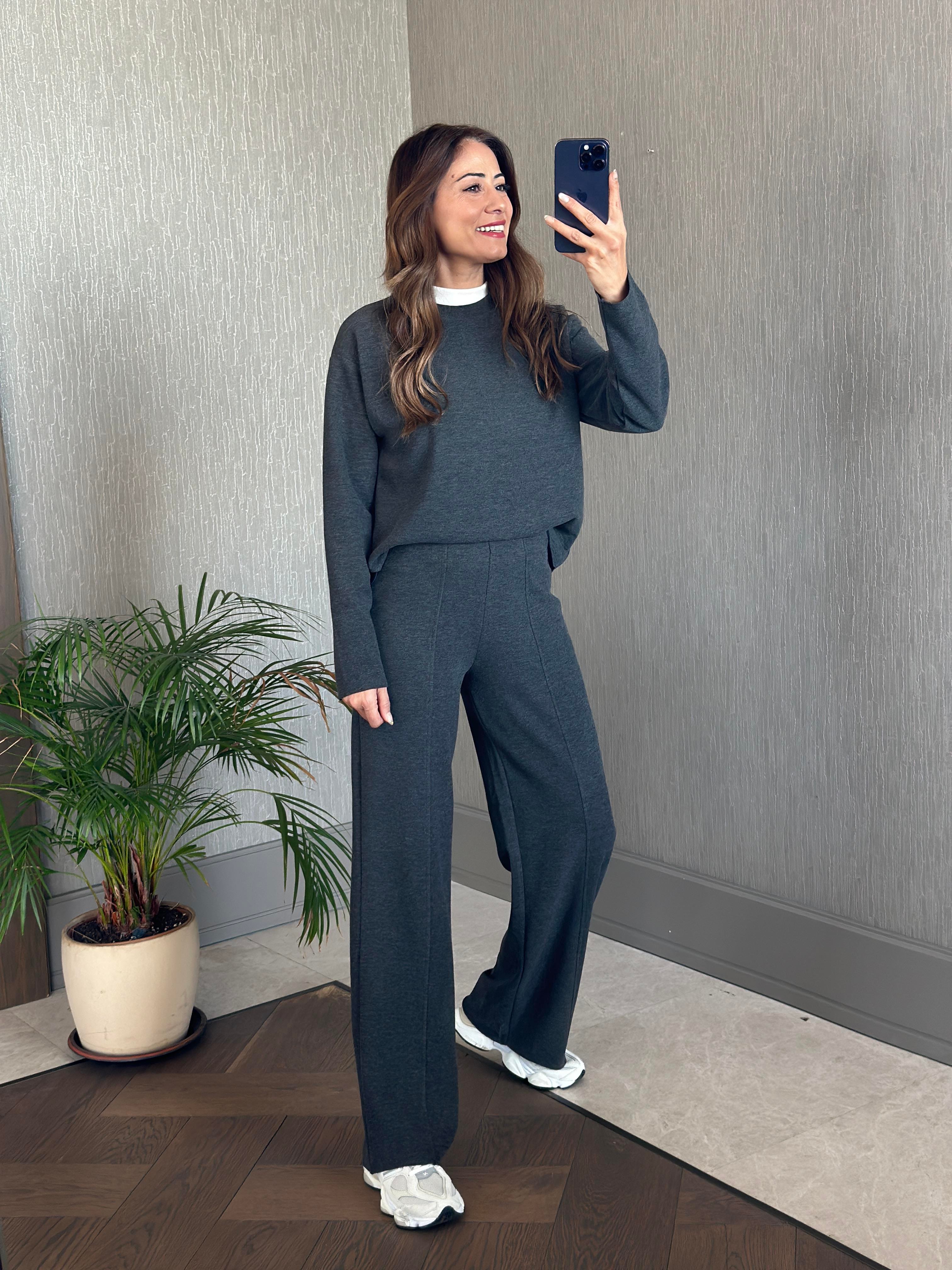 Antrasit Selanik Eteği Ve Paçası Kesik Sweatshirt Pantolon Kadın Alt Üst Takım