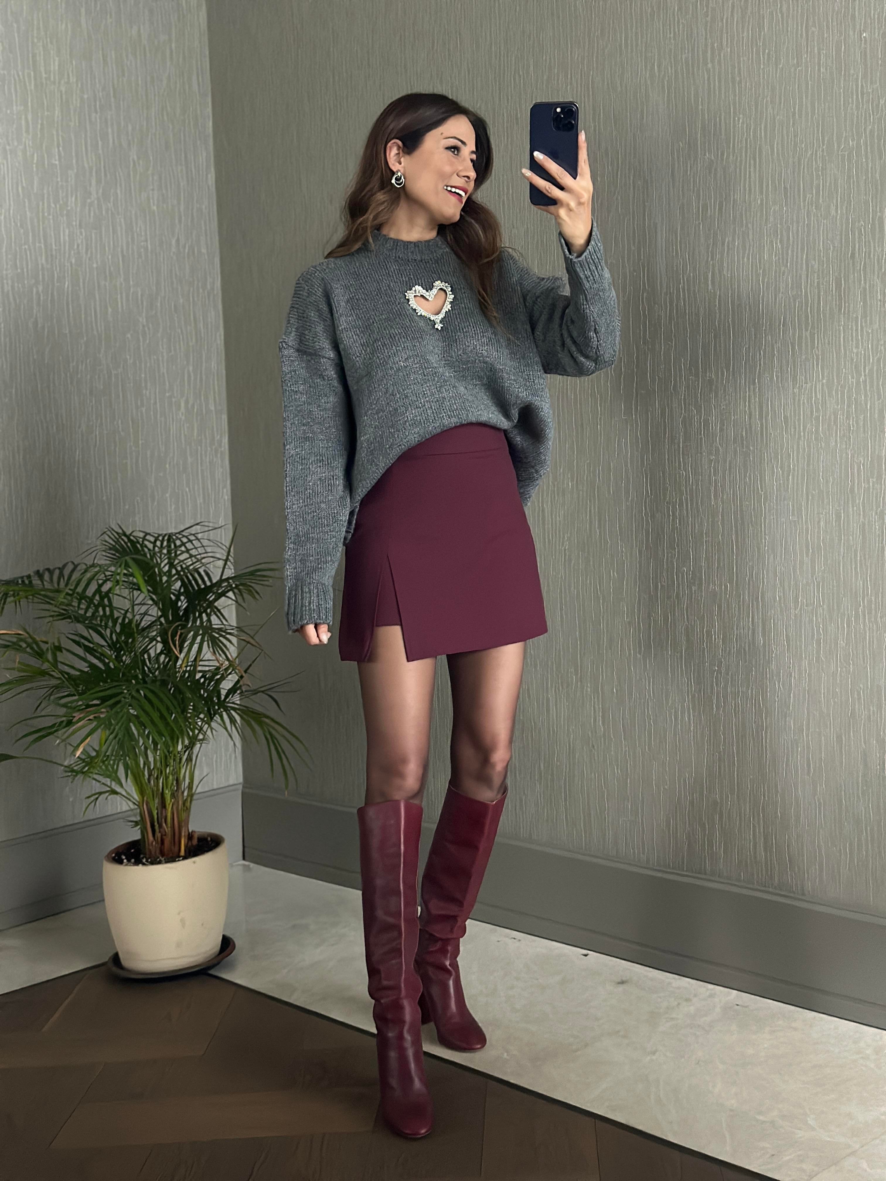 Antrasit Taş Kalp Dekolteli Bisiklet Yaka Kadın Triko Kazak