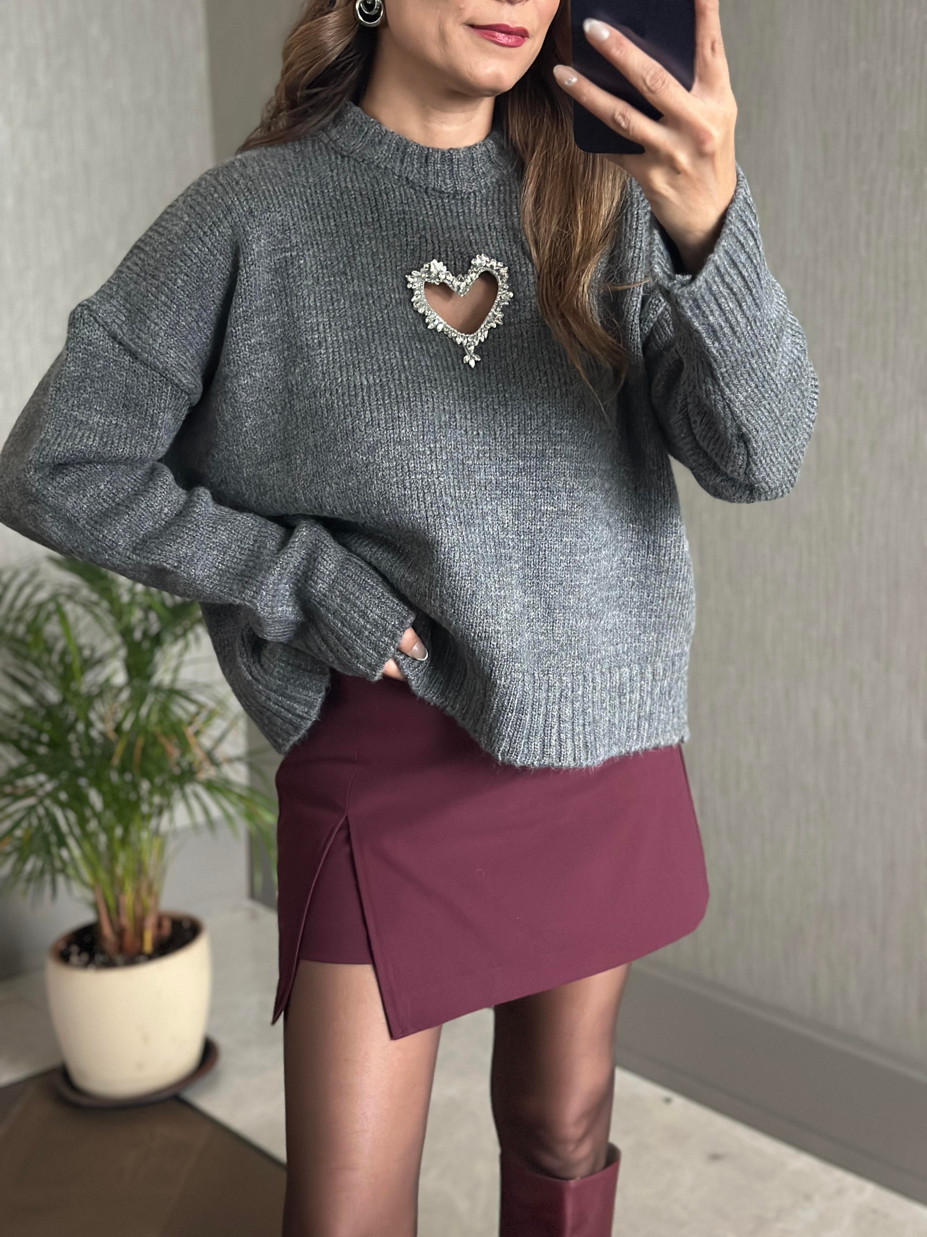 Antrasit Taş Kalp Dekolteli Bisiklet Yaka Kadın Triko Kazak