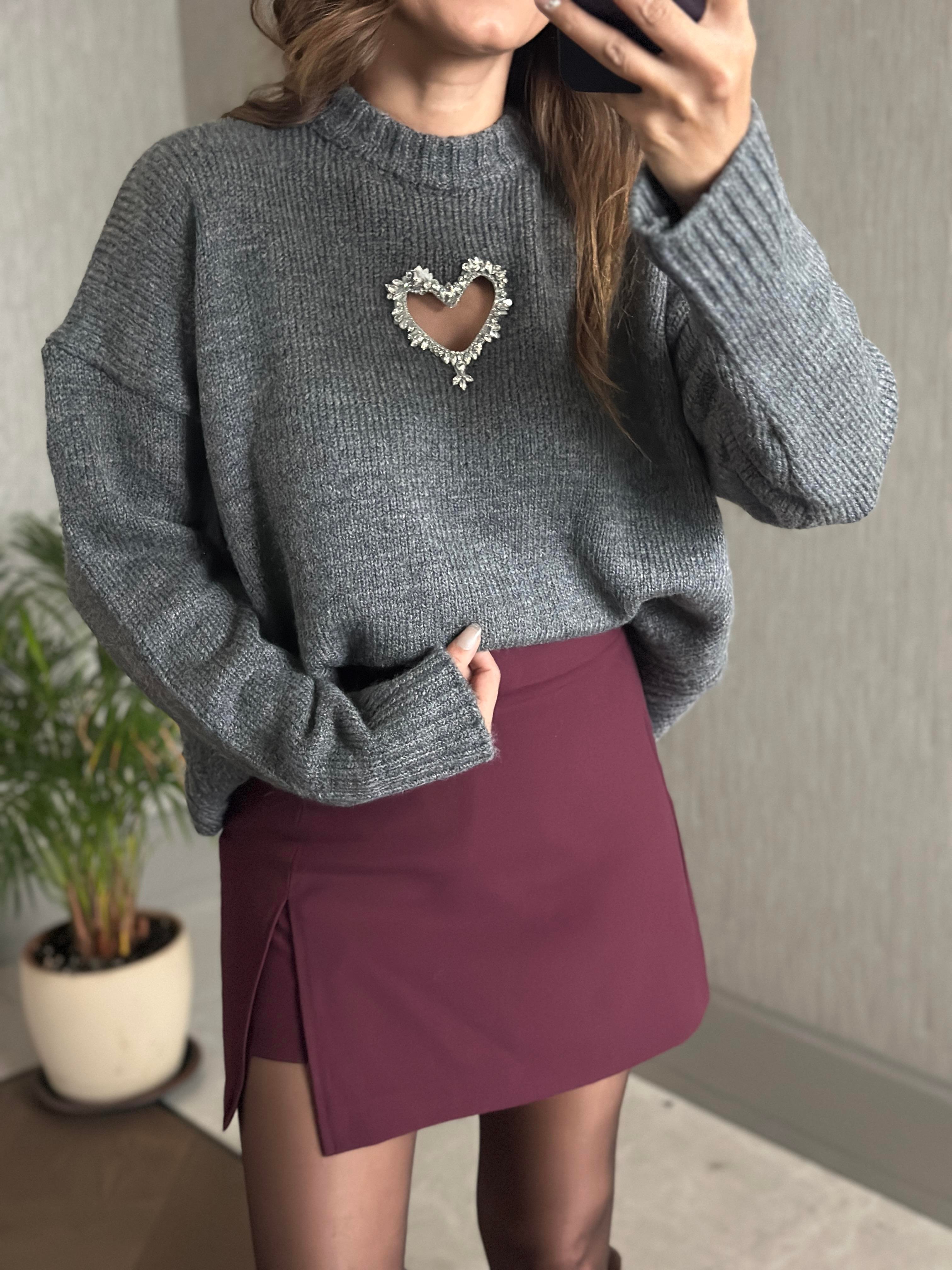 Antrasit Taş Kalp Dekolteli Bisiklet Yaka Kadın Triko Kazak