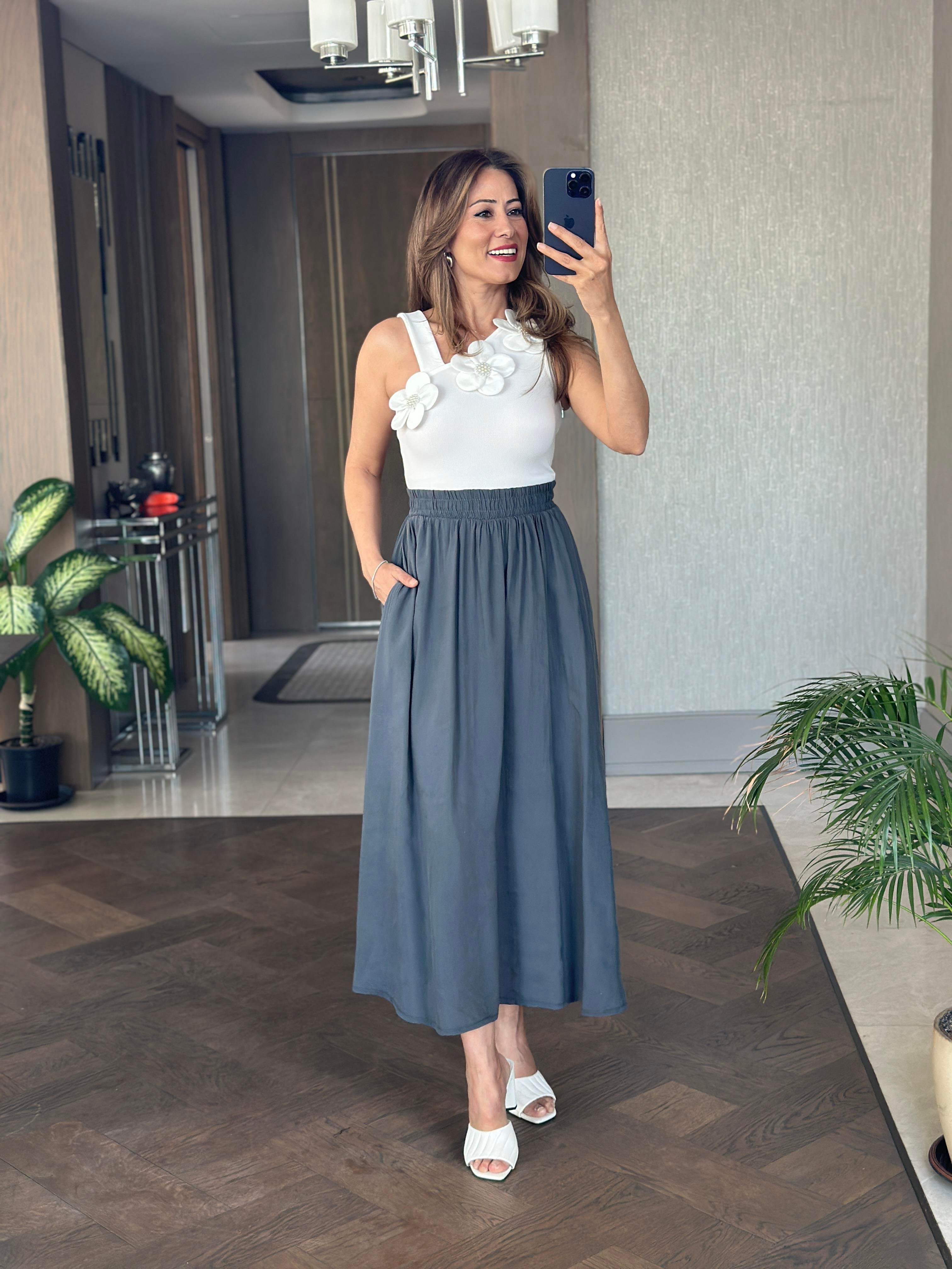 Antrasit Tnsl Kumaş Beli Lastikli Cepli Kadın Midi Boy Etek