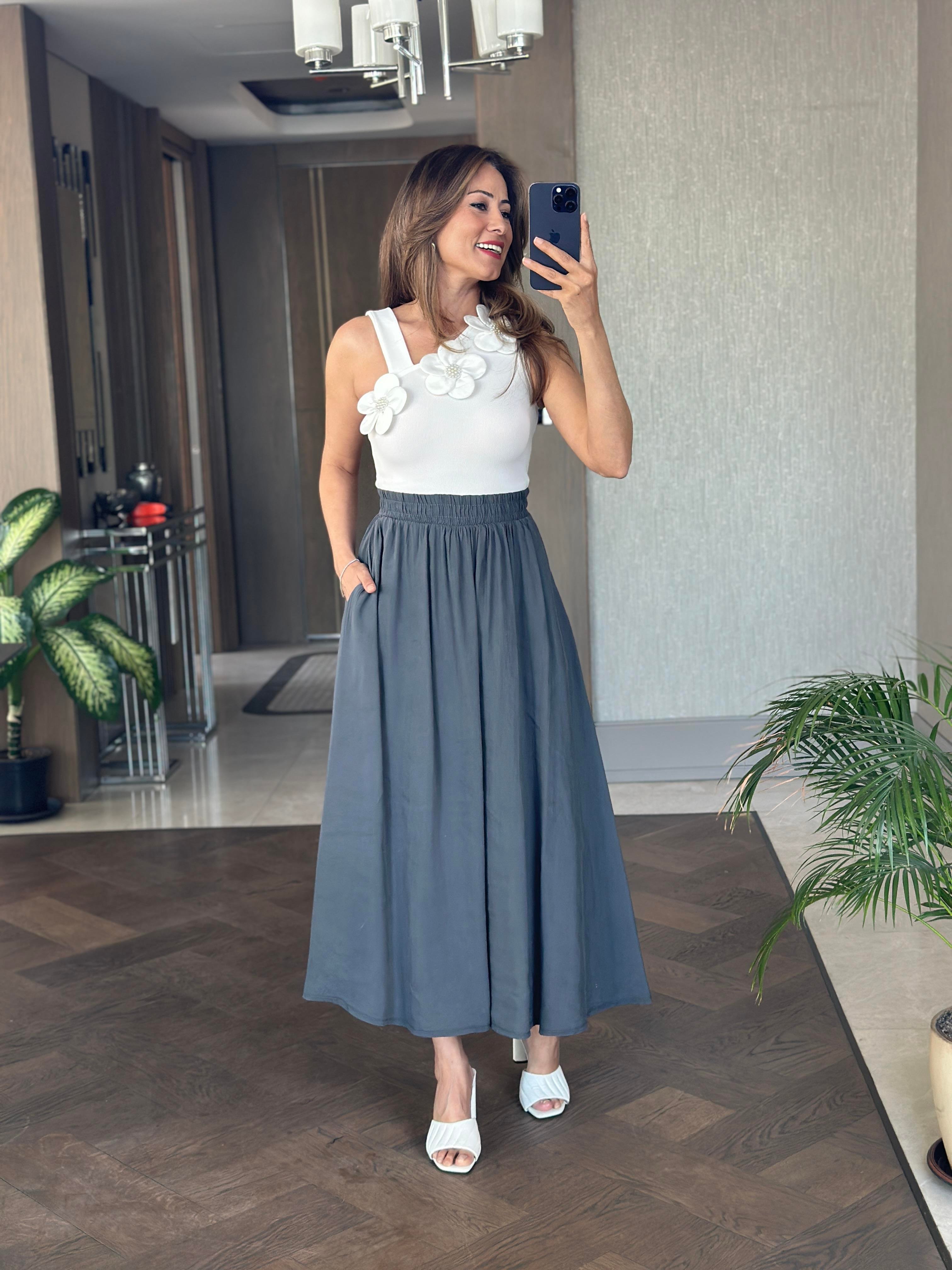 Antrasit Tnsl Kumaş Beli Lastikli Cepli Kadın Midi Boy Etek