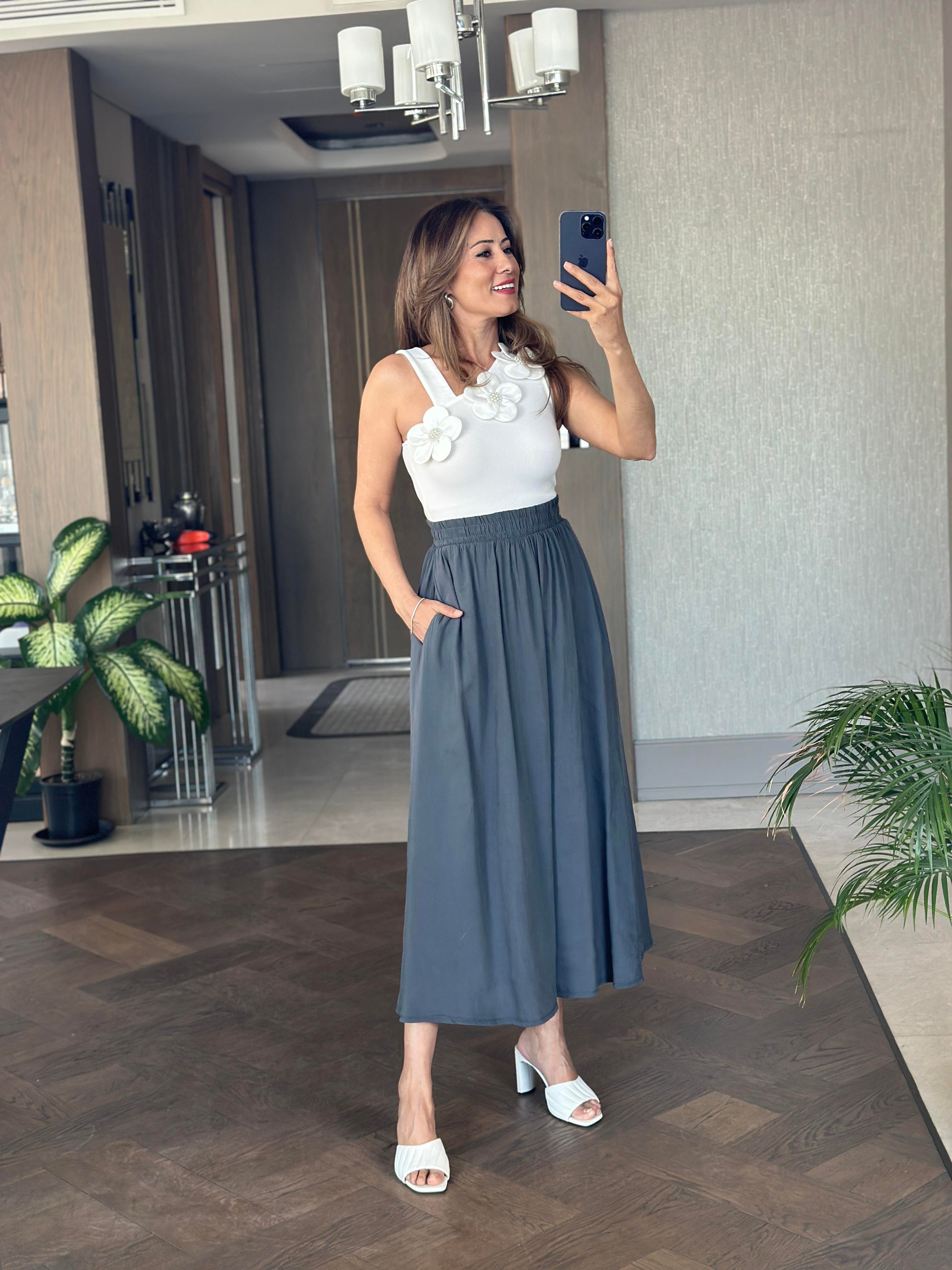 Antrasit Tnsl Kumaş Beli Lastikli Cepli Kadın Midi Boy Etek