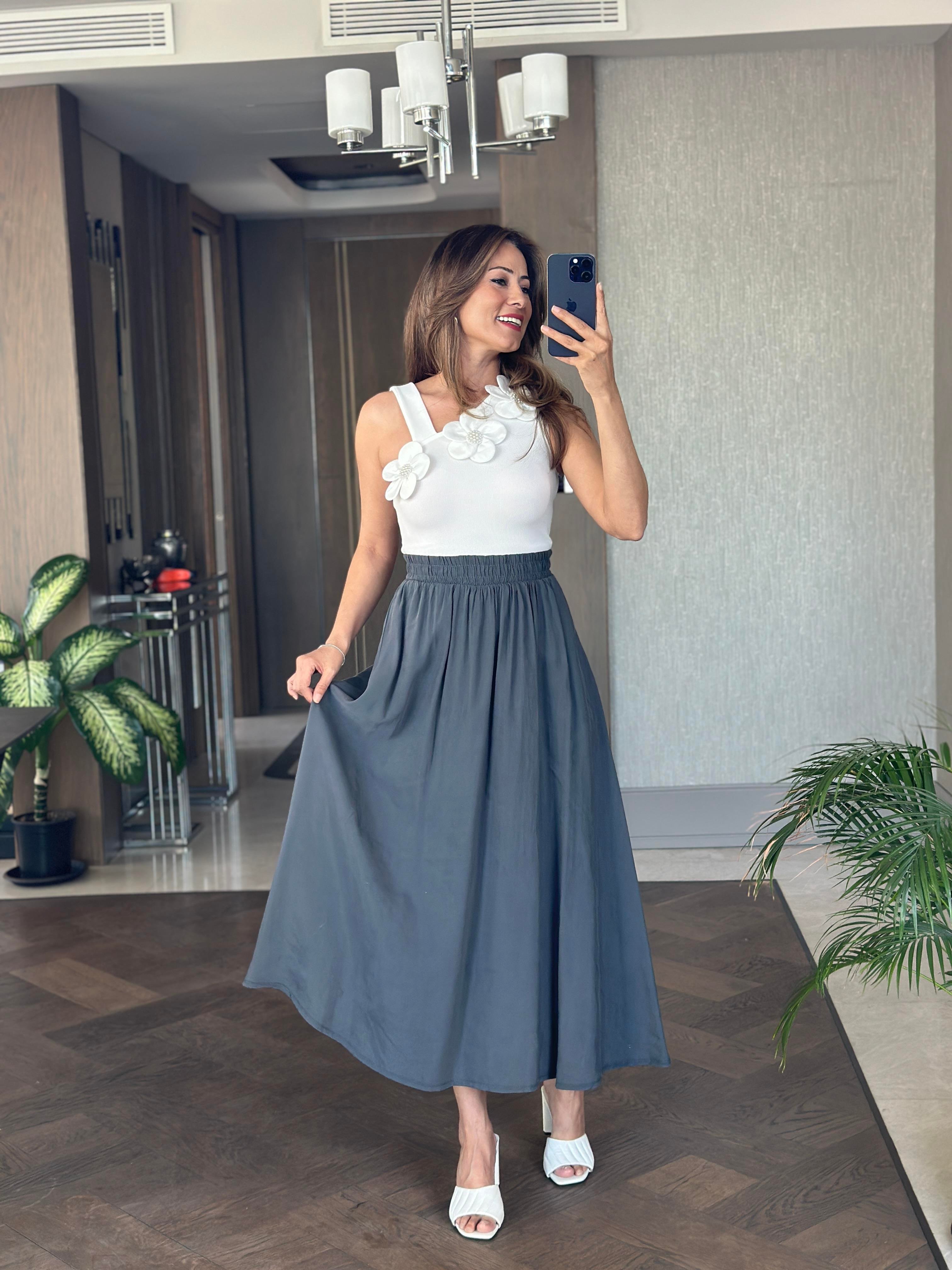 Antrasit Tnsl Kumaş Beli Lastikli Cepli Kadın Midi Boy Etek