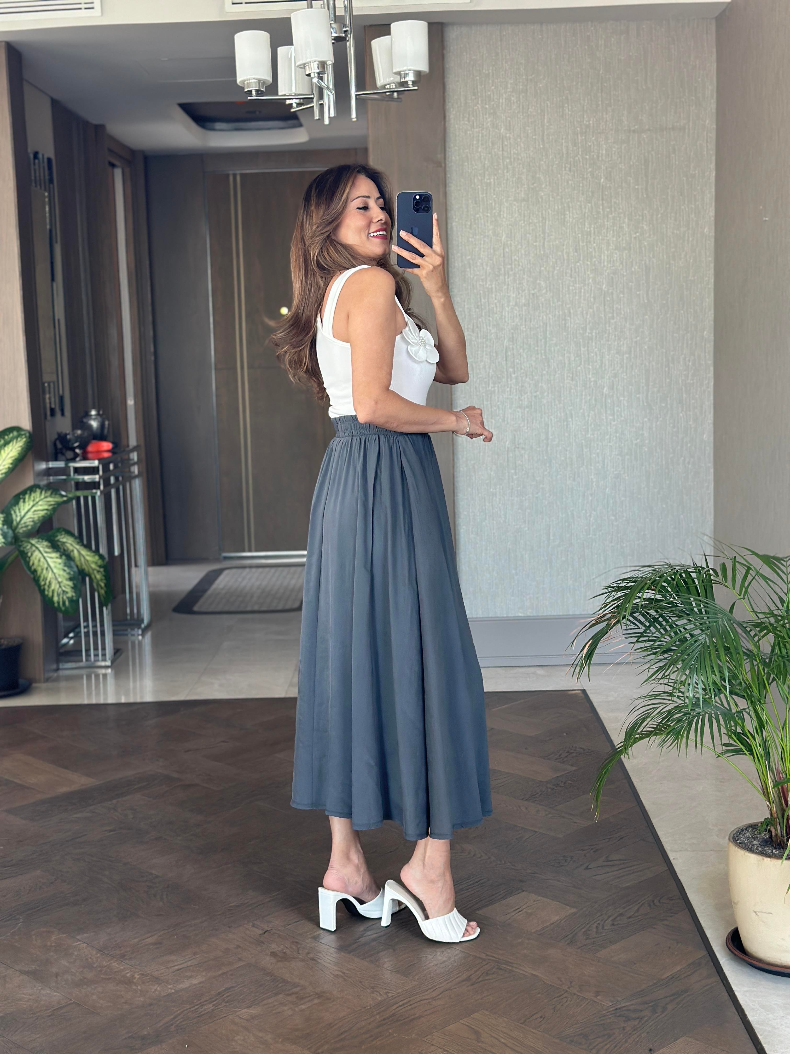 Antrasit Tnsl Kumaş Beli Lastikli Cepli Kadın Midi Boy Etek