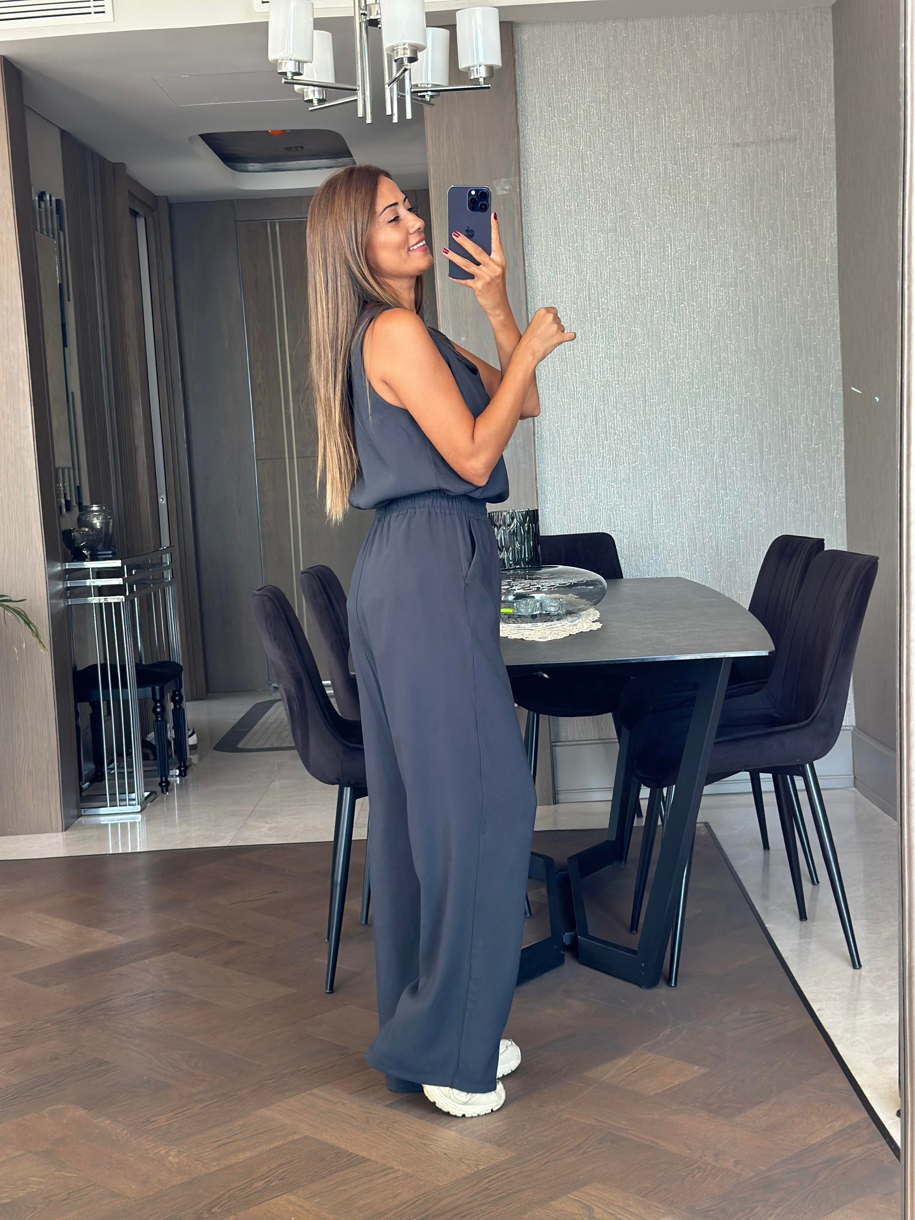 Antrasit V Yaka Bluz Bol Paça Pantolon Kadın Alt Üst Takım