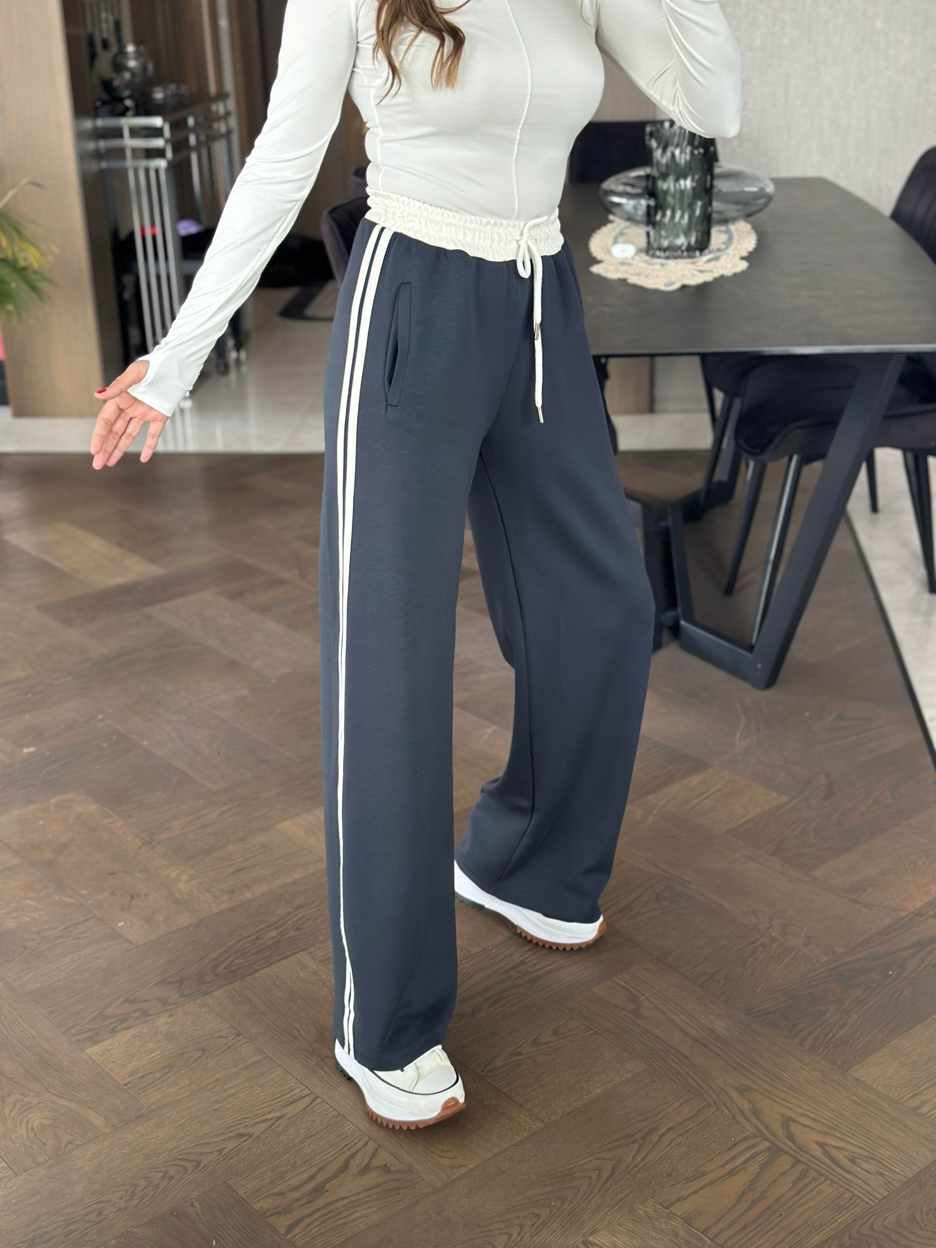 Antrasit Yanları Şeritli Bağcıklı Cepli Palazzo Kadın Eşofman Altı