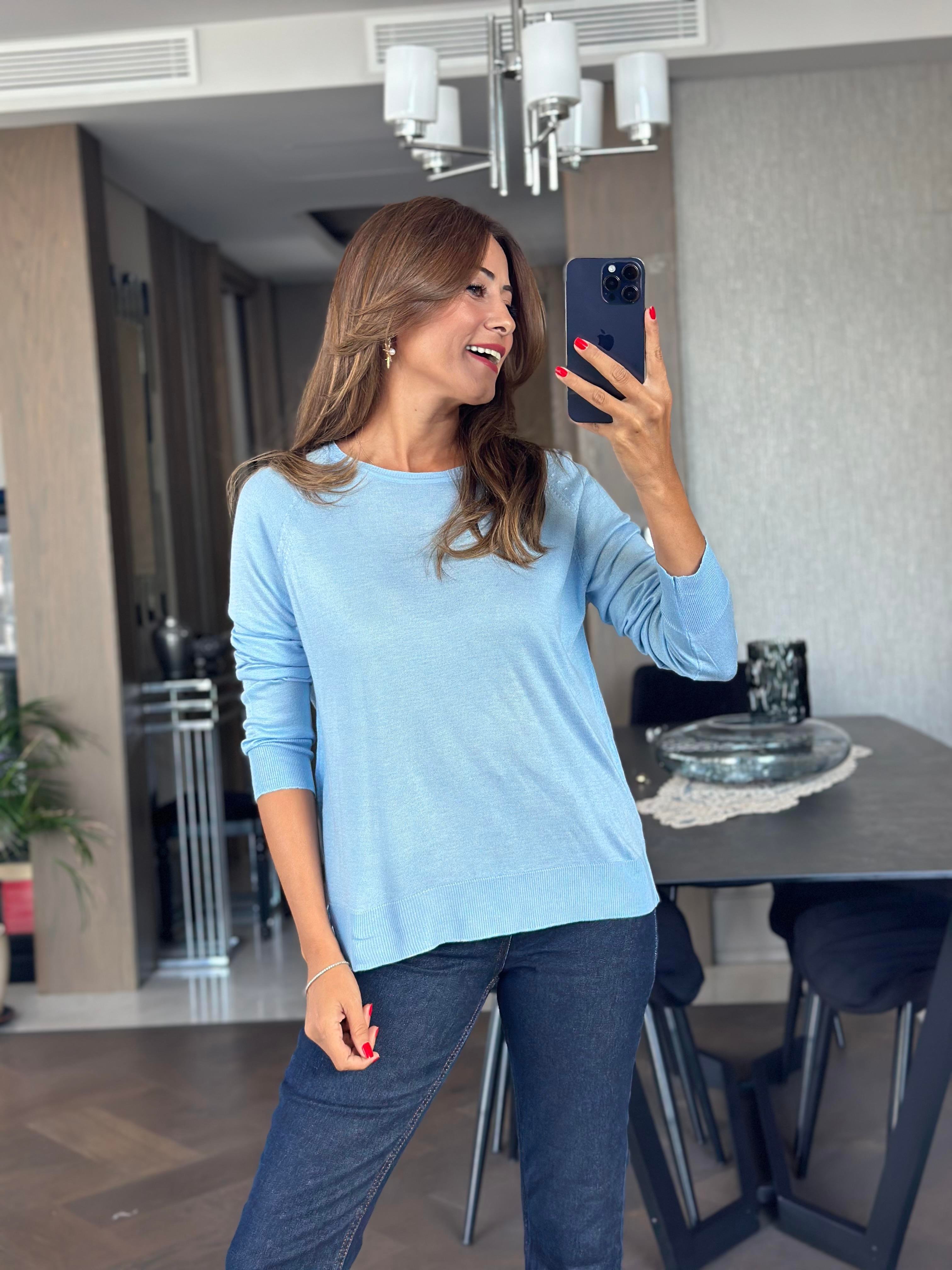 Bebe Mavi Bisiklet Yaka Uzun Kol Dlvn Düz Merserize Kadın Bluz