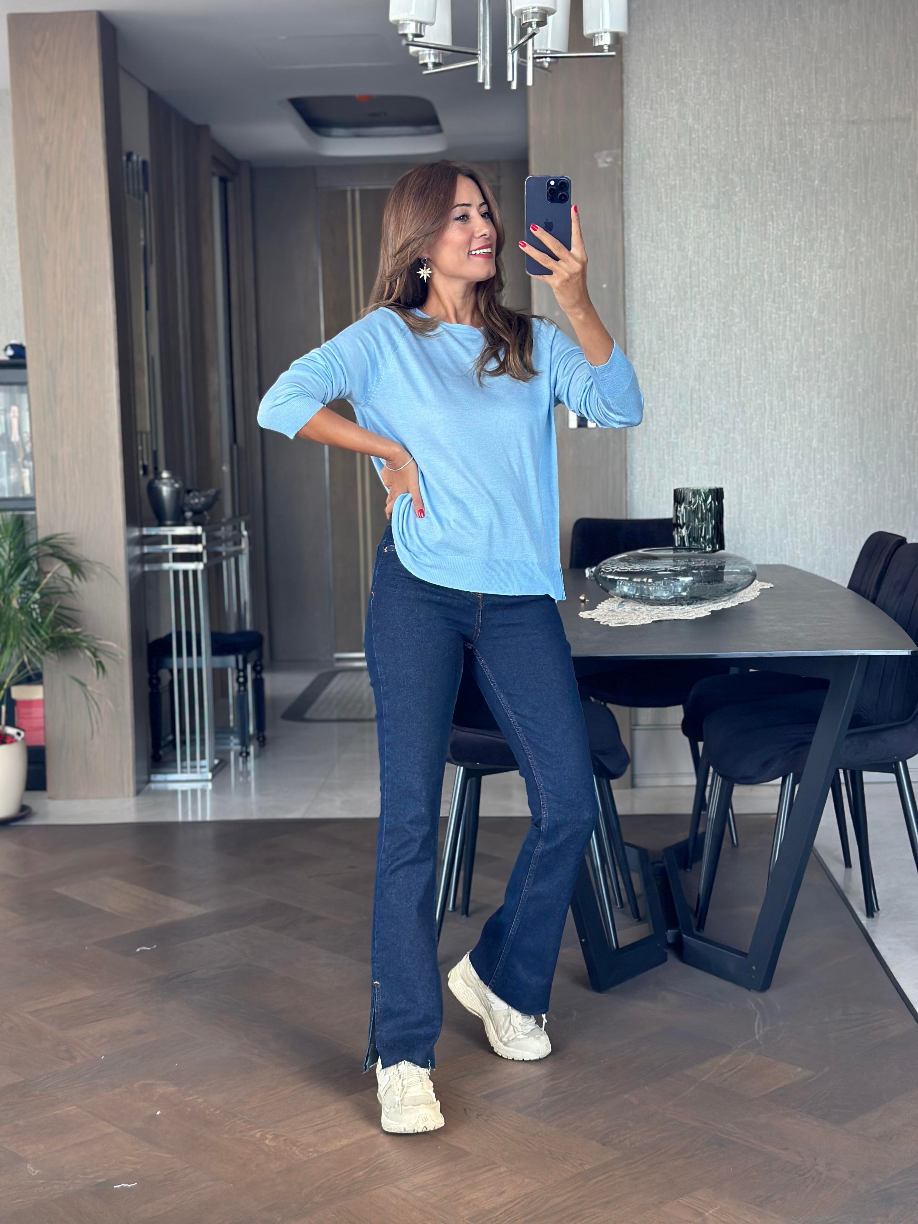 Bebe Mavi Bisiklet Yaka Uzun Kol Dlvn Düz Merserize Kadın Bluz