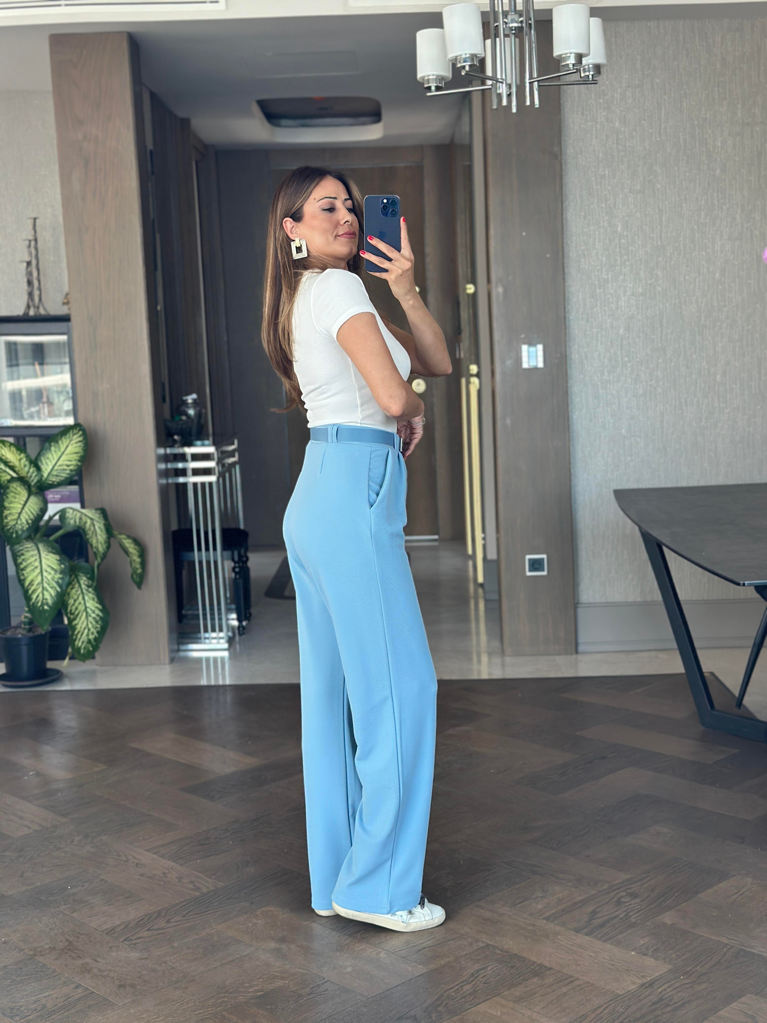 Bebe Mavi Çift Pileli Kemerli Likralı Krep Kadın Pantolon