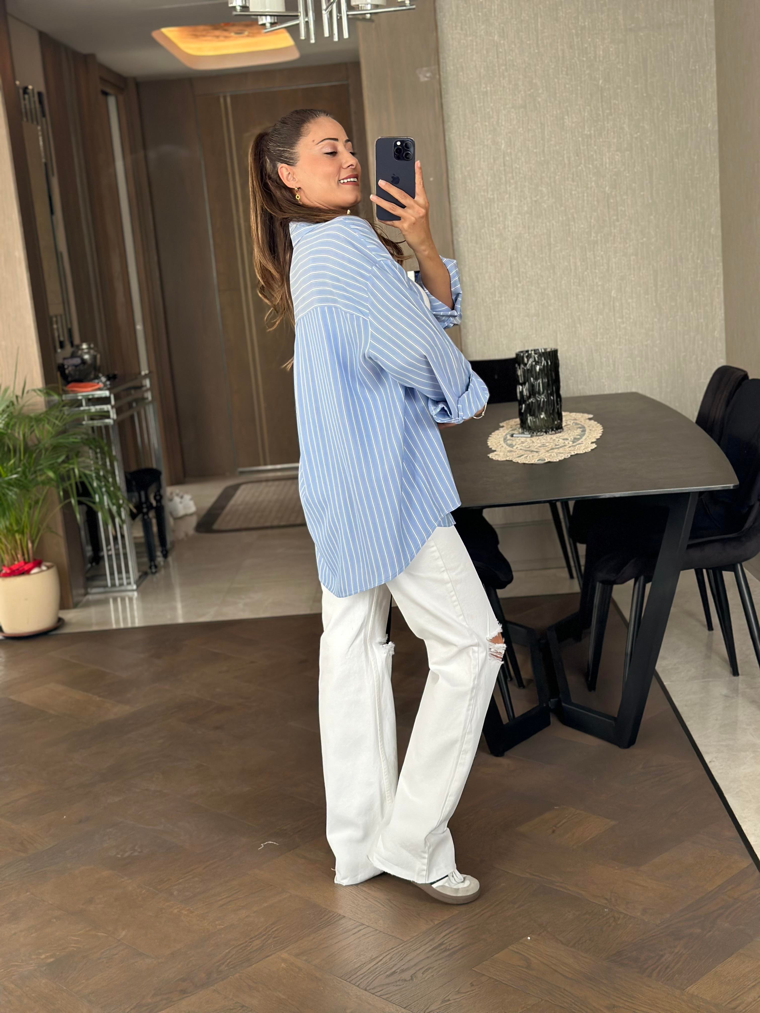 Bebe Mavi Çizgili Mng Model Oversize Kadın Gömlek