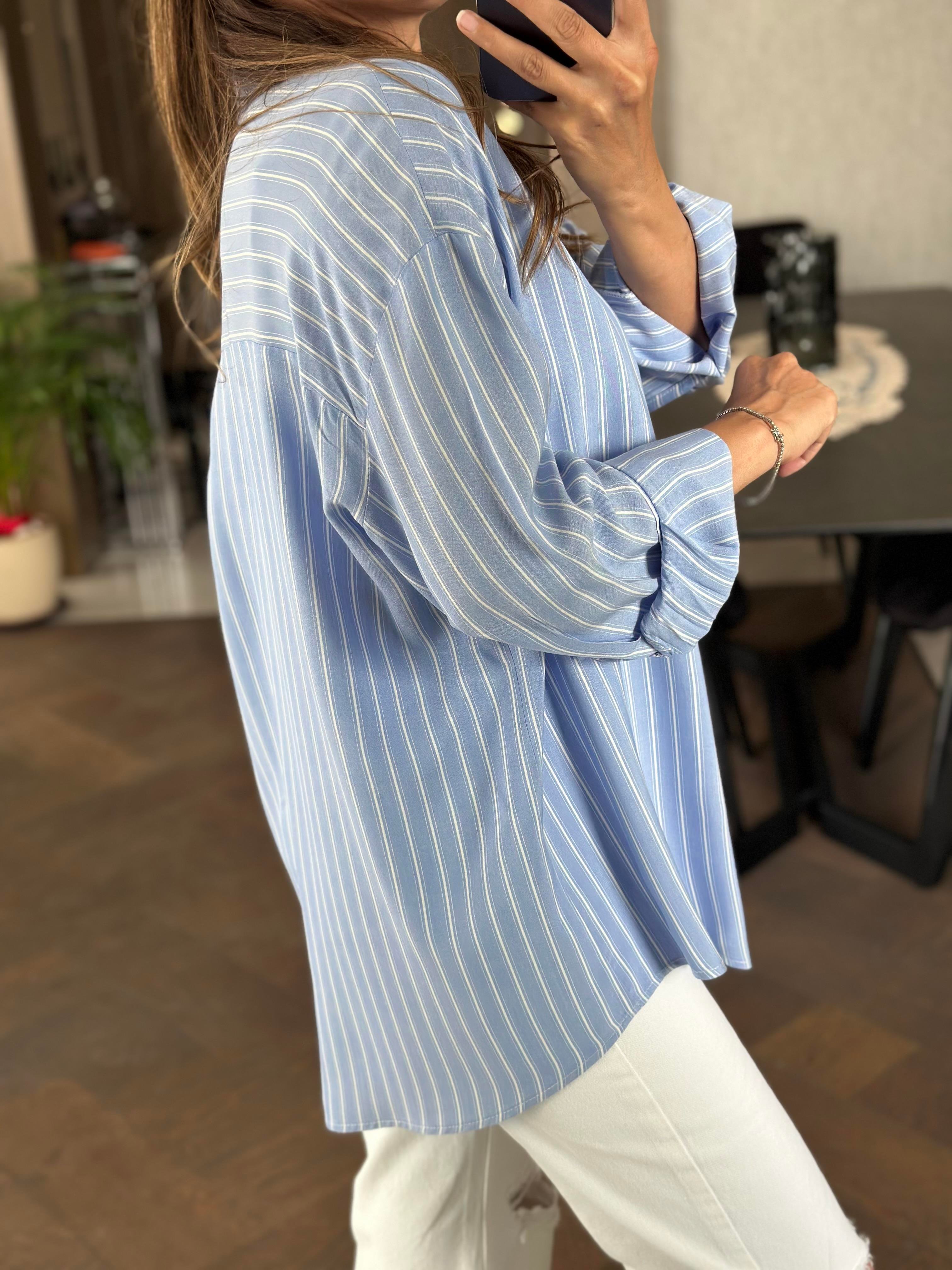 Bebe Mavi Çizgili Mng Model Oversize Kadın Gömlek