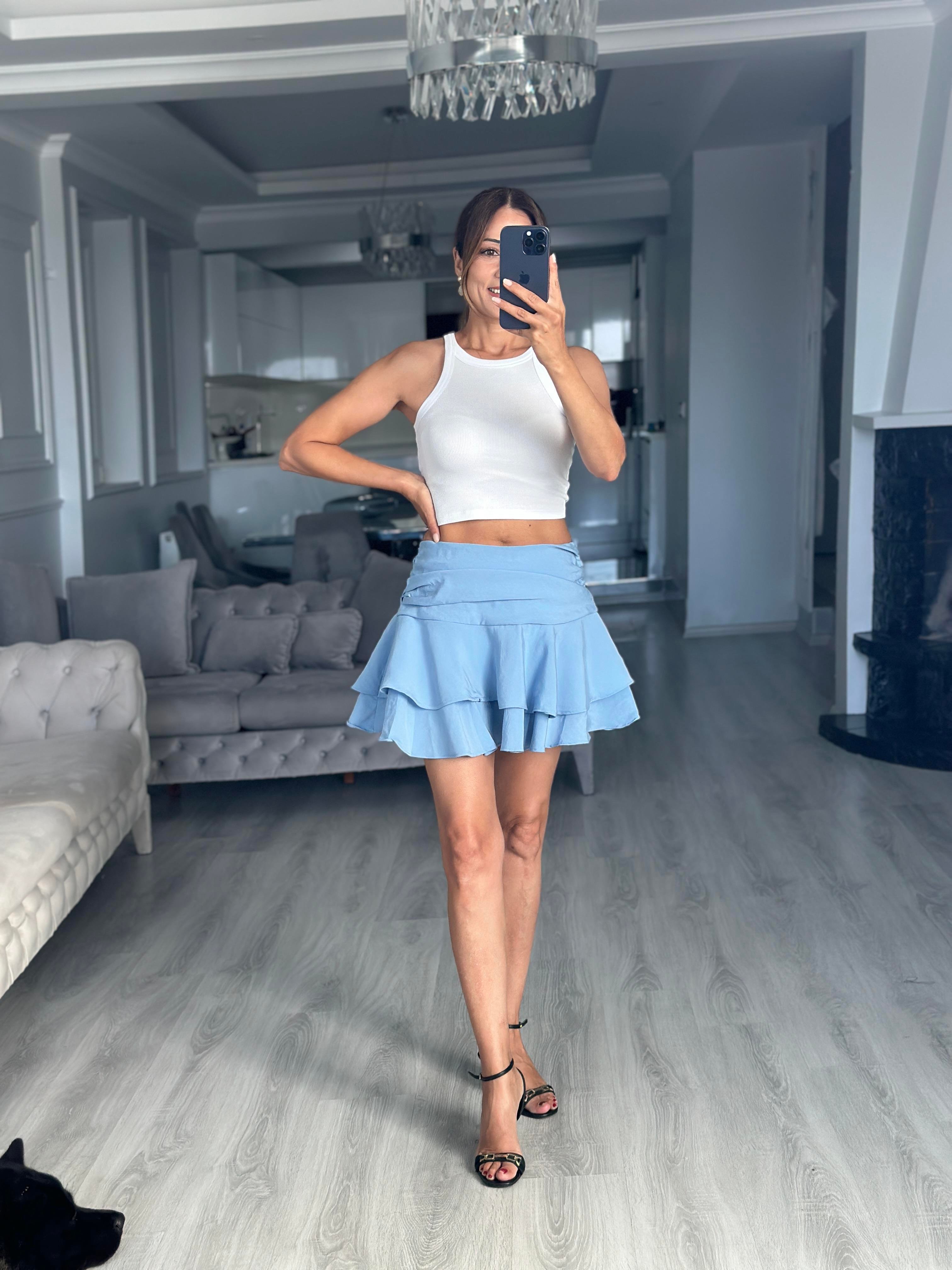 Bebe Mavi Katlı Beli Drapeli İçi Şortlu Kadın Mini Etek
