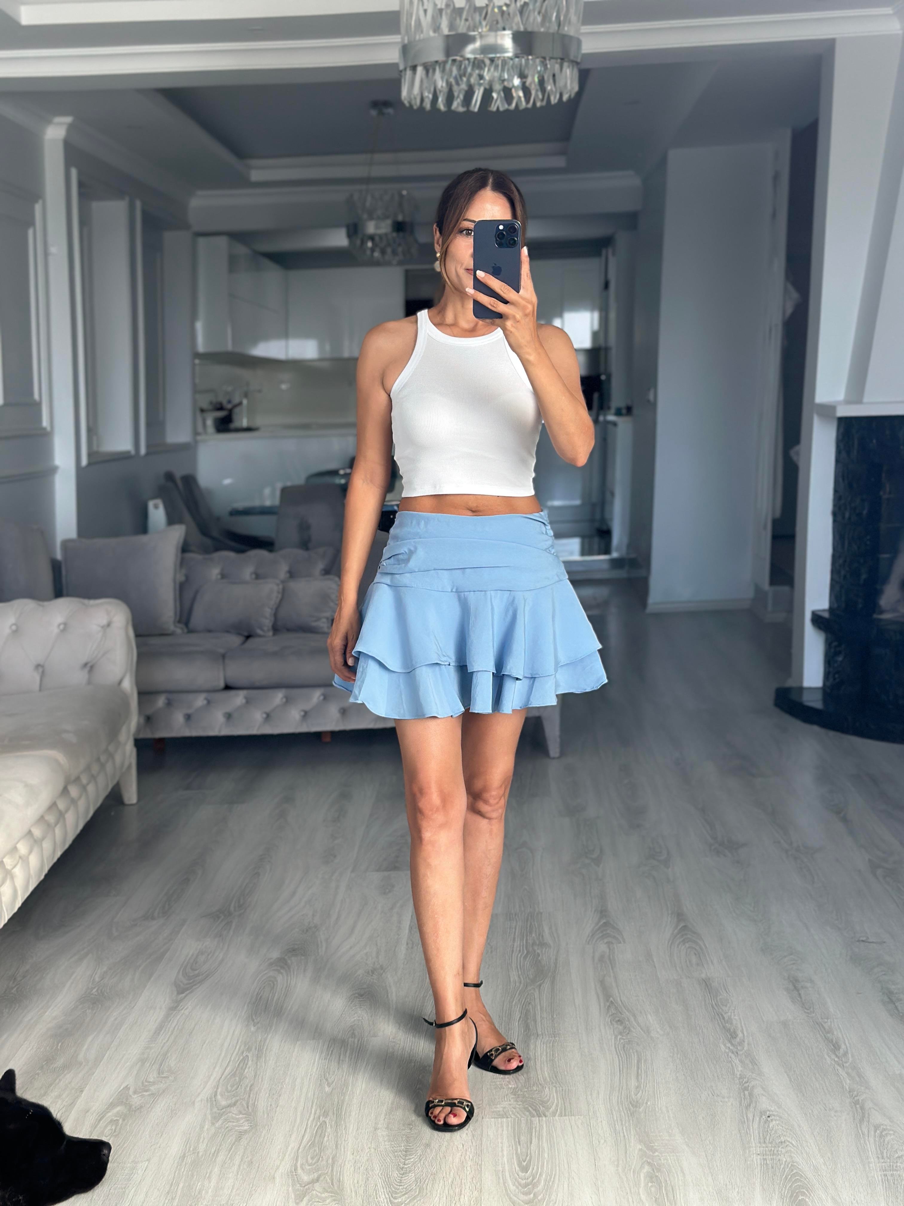 Bebe Mavi Katlı Beli Drapeli İçi Şortlu Kadın Mini Etek