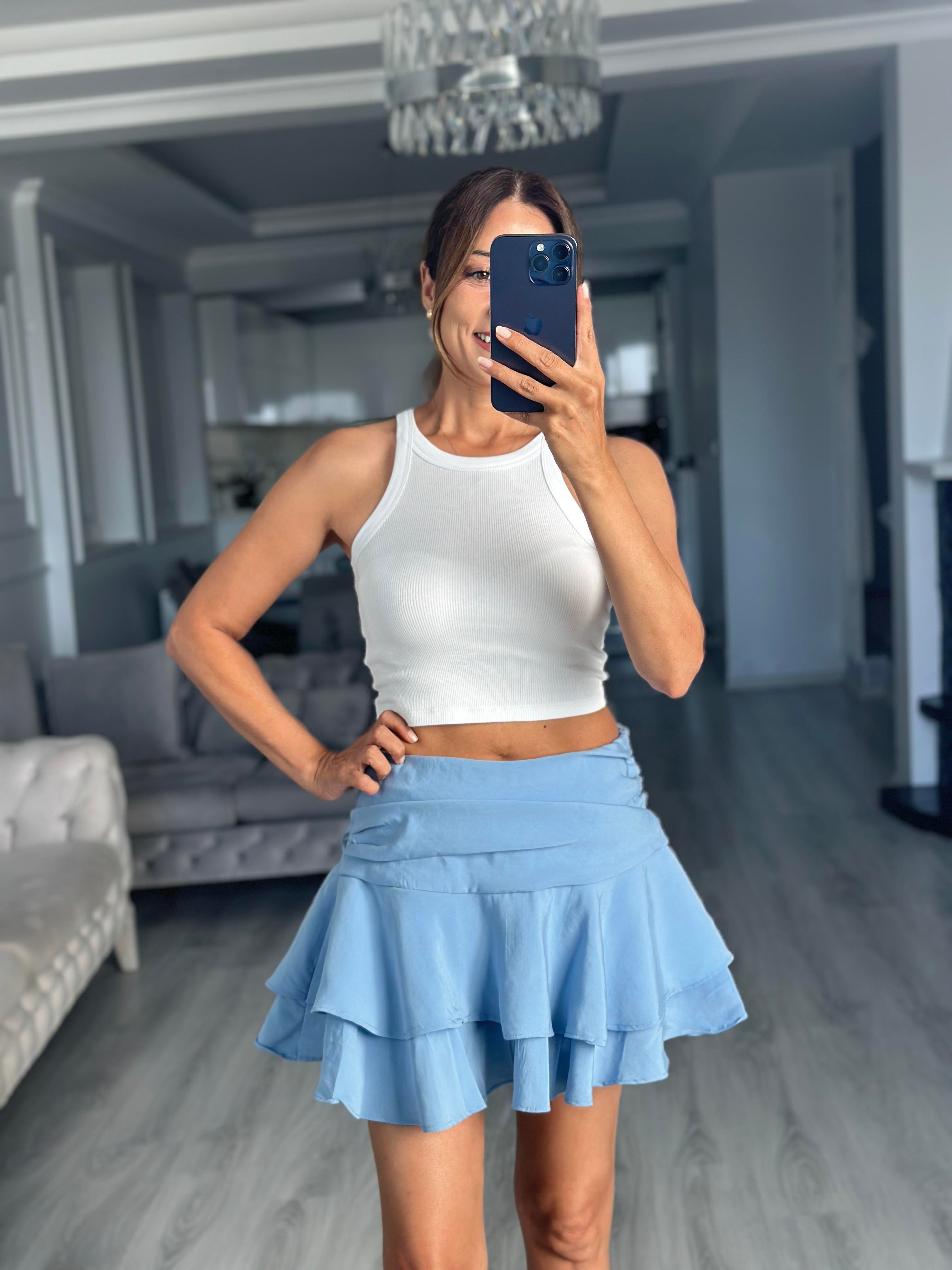 Bebe Mavi Katlı Beli Drapeli İçi Şortlu Kadın Mini Etek