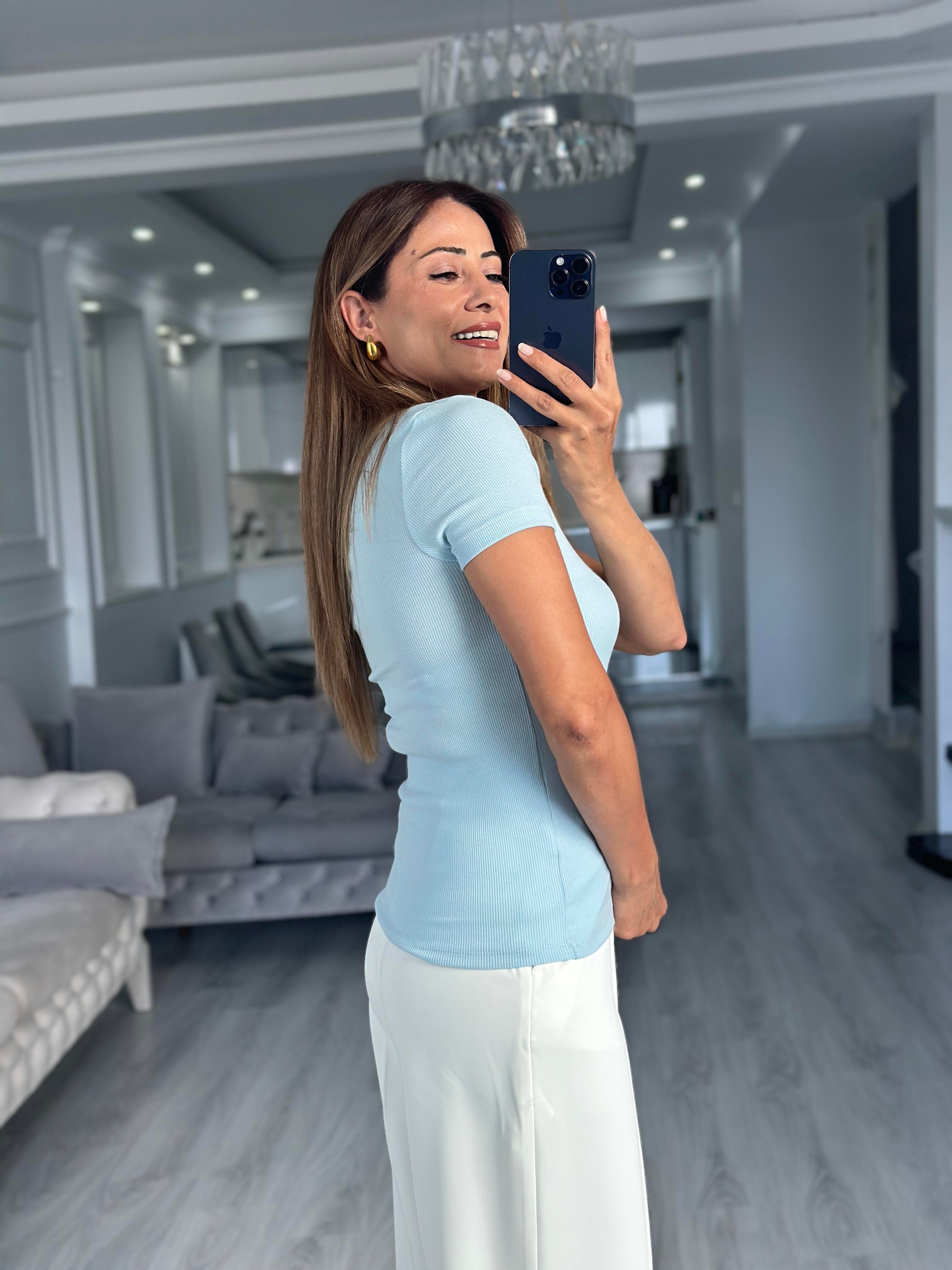 Bebe Mavi Kısa Kol Çıtçıt Düğmeli Bisiklet Yaka Kaşkorse Kadın Body