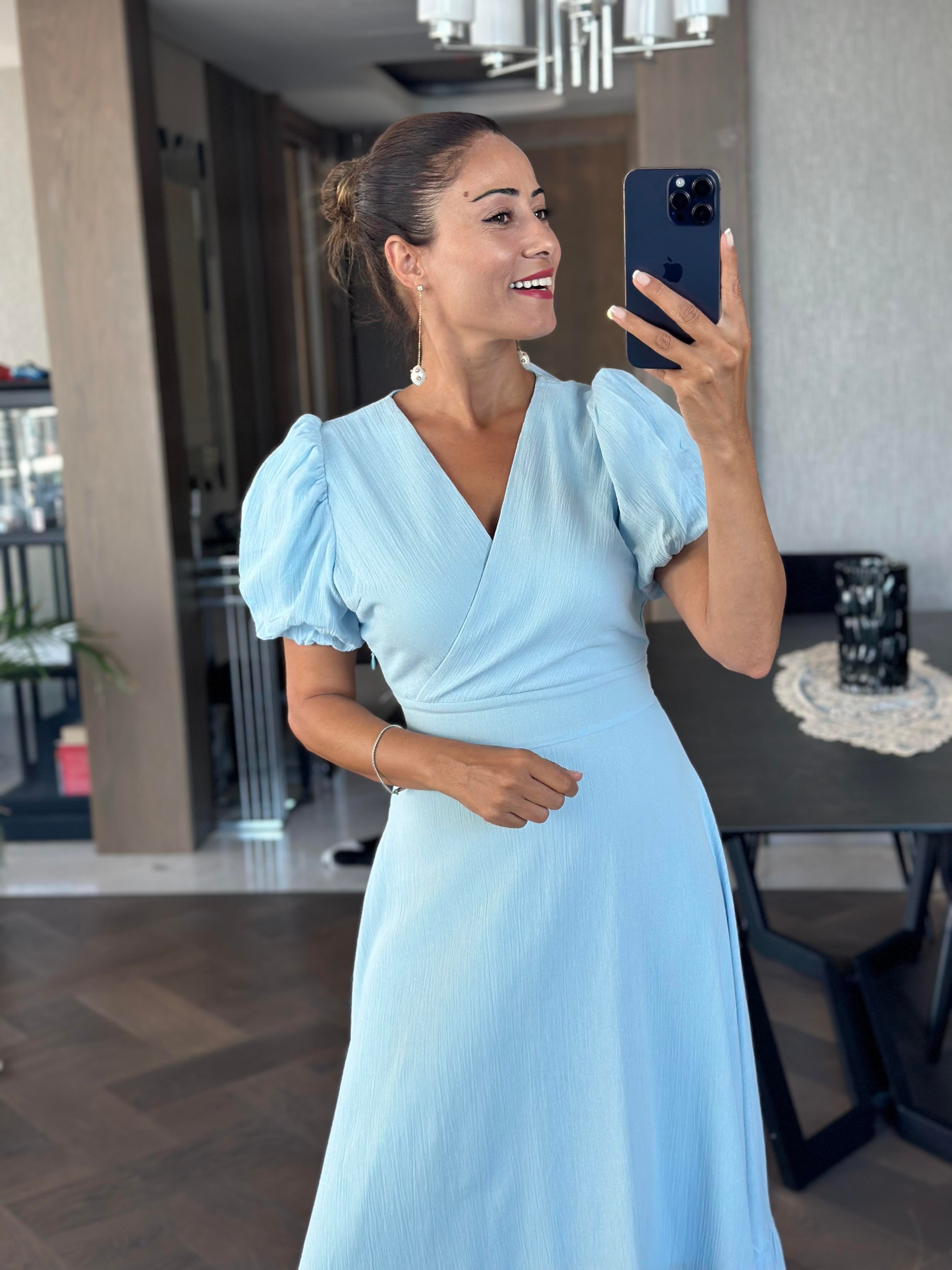 Bebe Mavi Kruvaze Yaka Kuşaklı Kol Uçları Lastikli Midi Boy Kadın Elbise