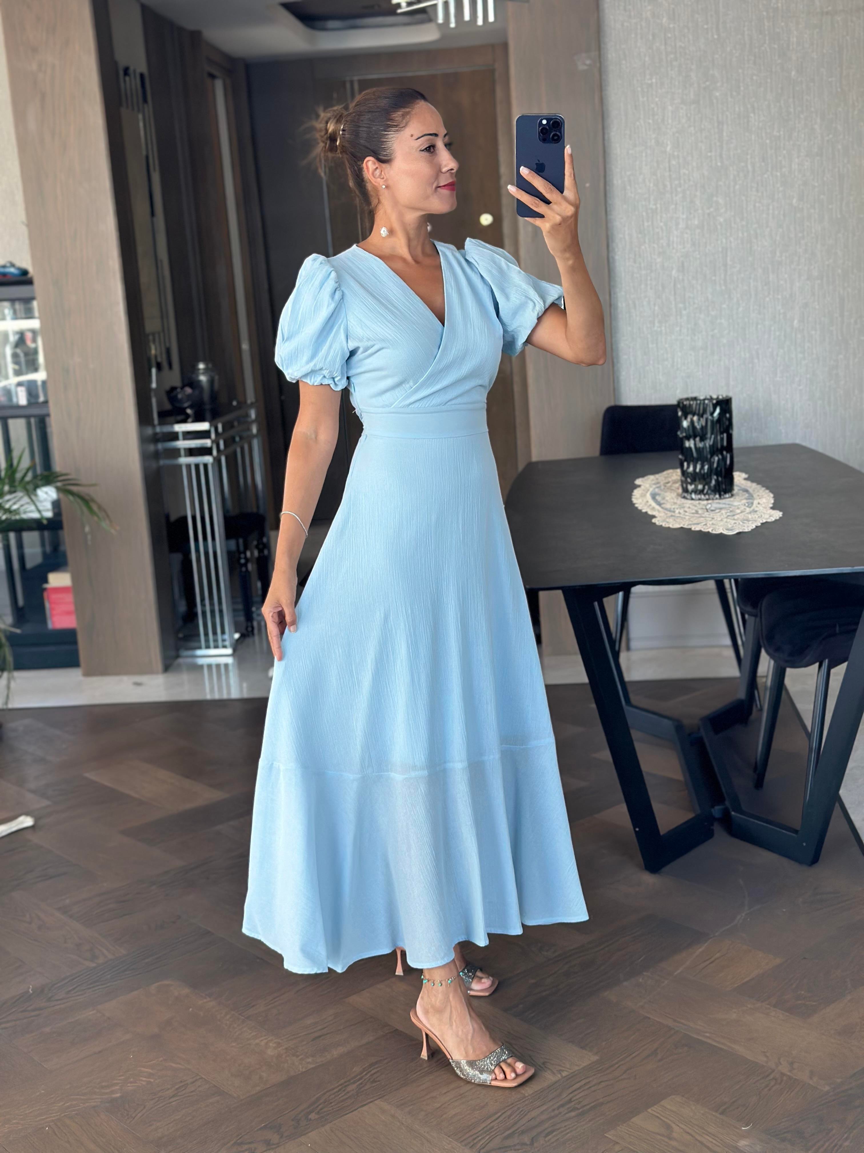 Bebe Mavi Kruvaze Yaka Kuşaklı Kol Uçları Lastikli Midi Boy Kadın Elbise