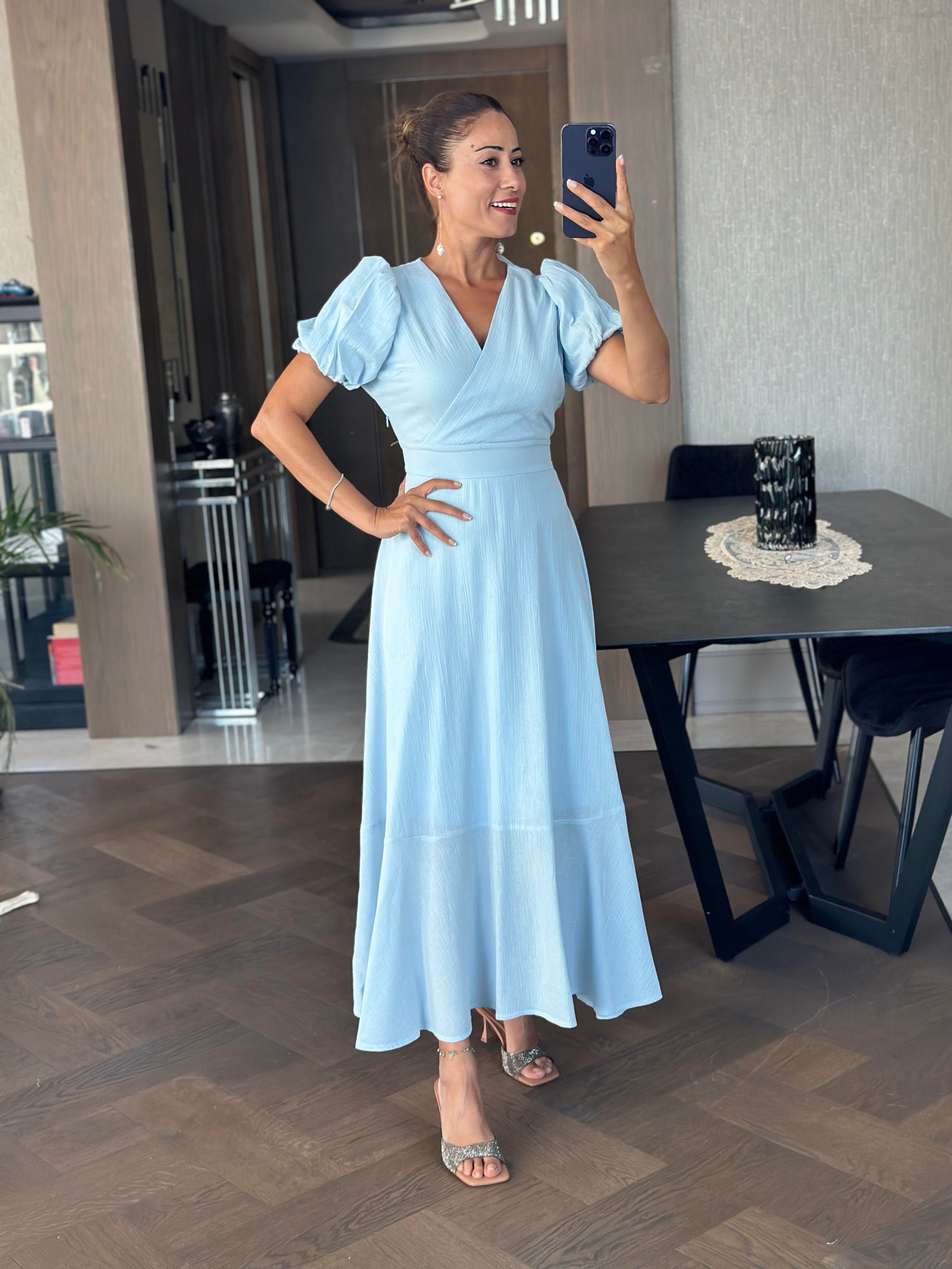Bebe Mavi Kruvaze Yaka Kuşaklı Kol Uçları Lastikli Midi Boy Kadın Elbise