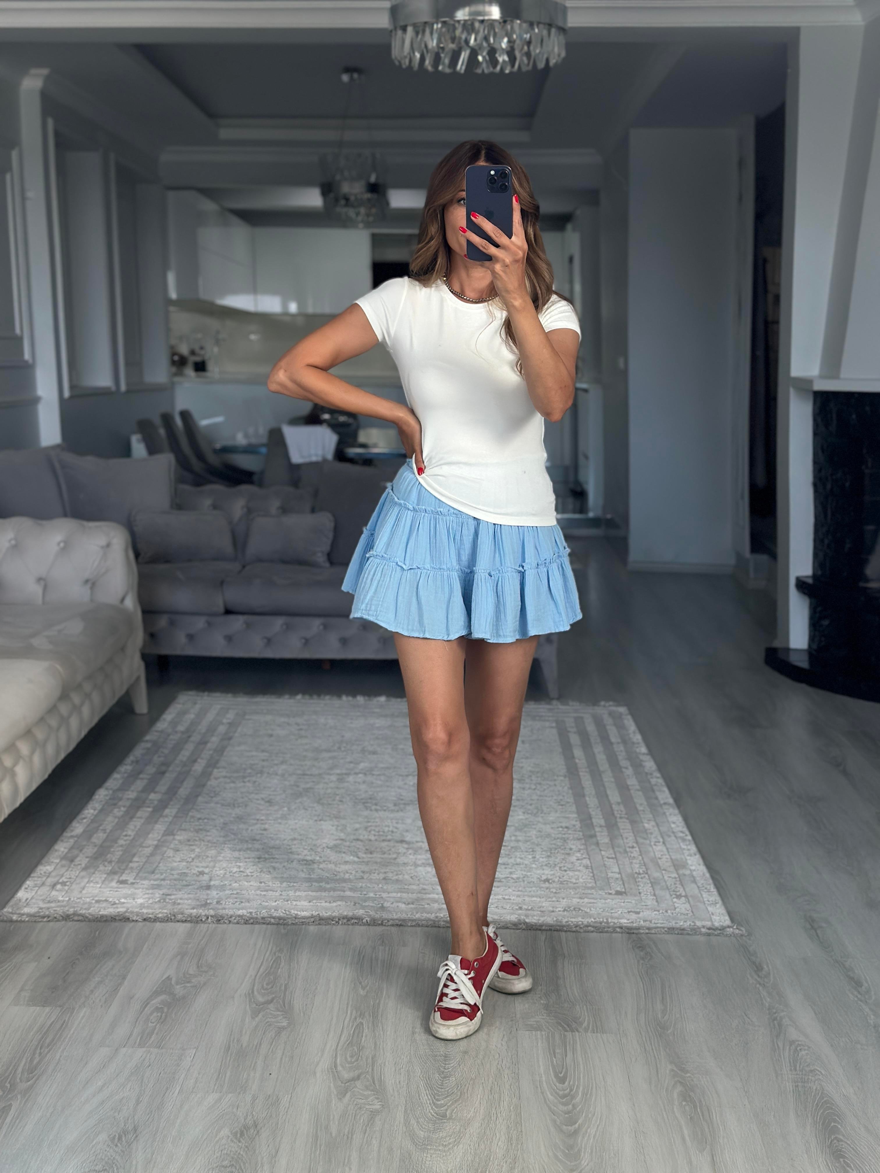 Bebe Mavi Müslin Kumaş İçi Şortlu Kadın Mini Etek