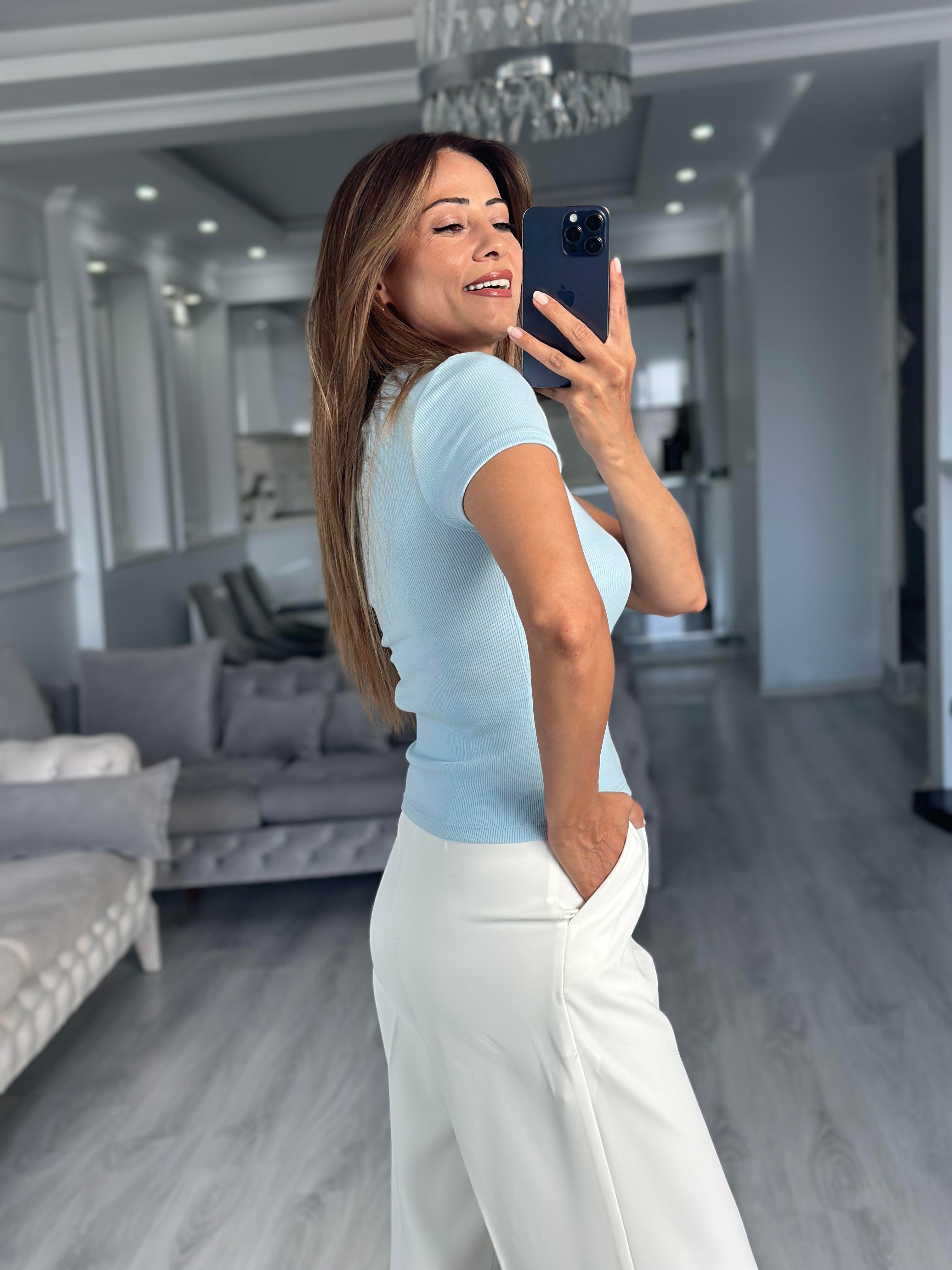 Bebe Mavi Önü Dekolteli Kısa Kol Bisiklet Yaka Kadın Body