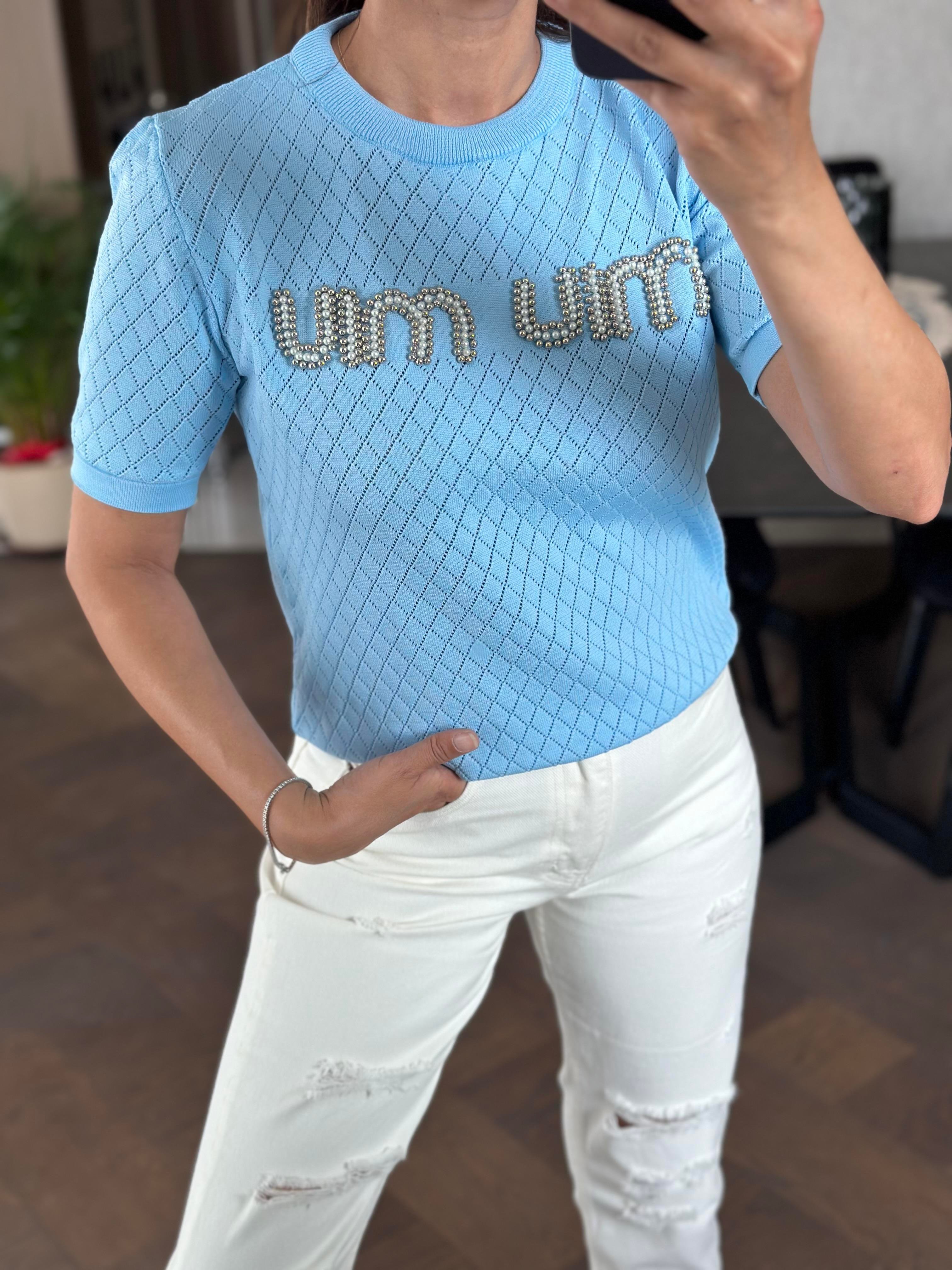 Bebe Mavi Önü İnci Taşlı Bisiklet Yaka Kısa Kol Kadın Triko Bluz