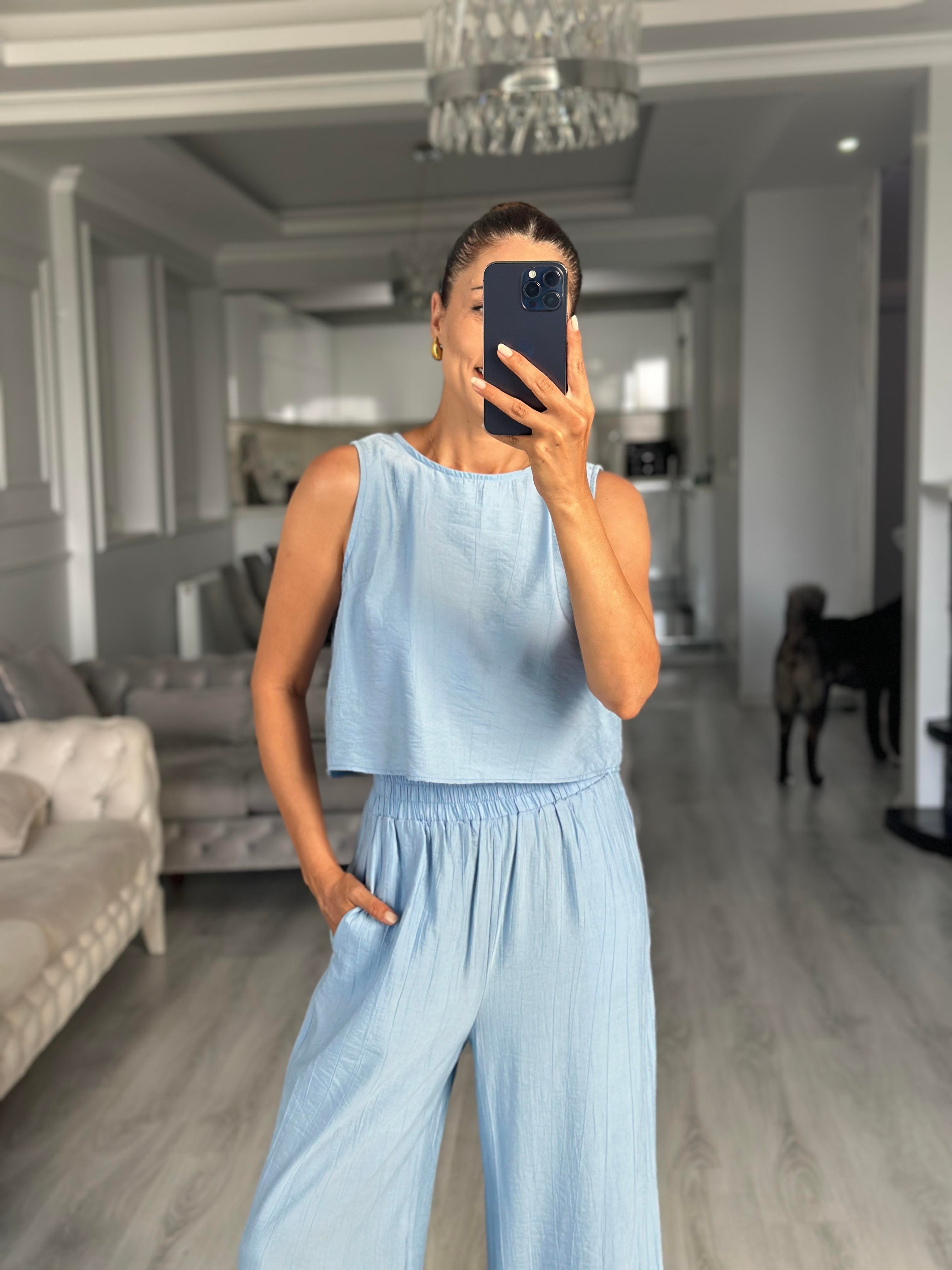 Bebe Mavi Sıfır Kol Arkası Bağcıklı Bluz Pantolon Kadın İkili Takım