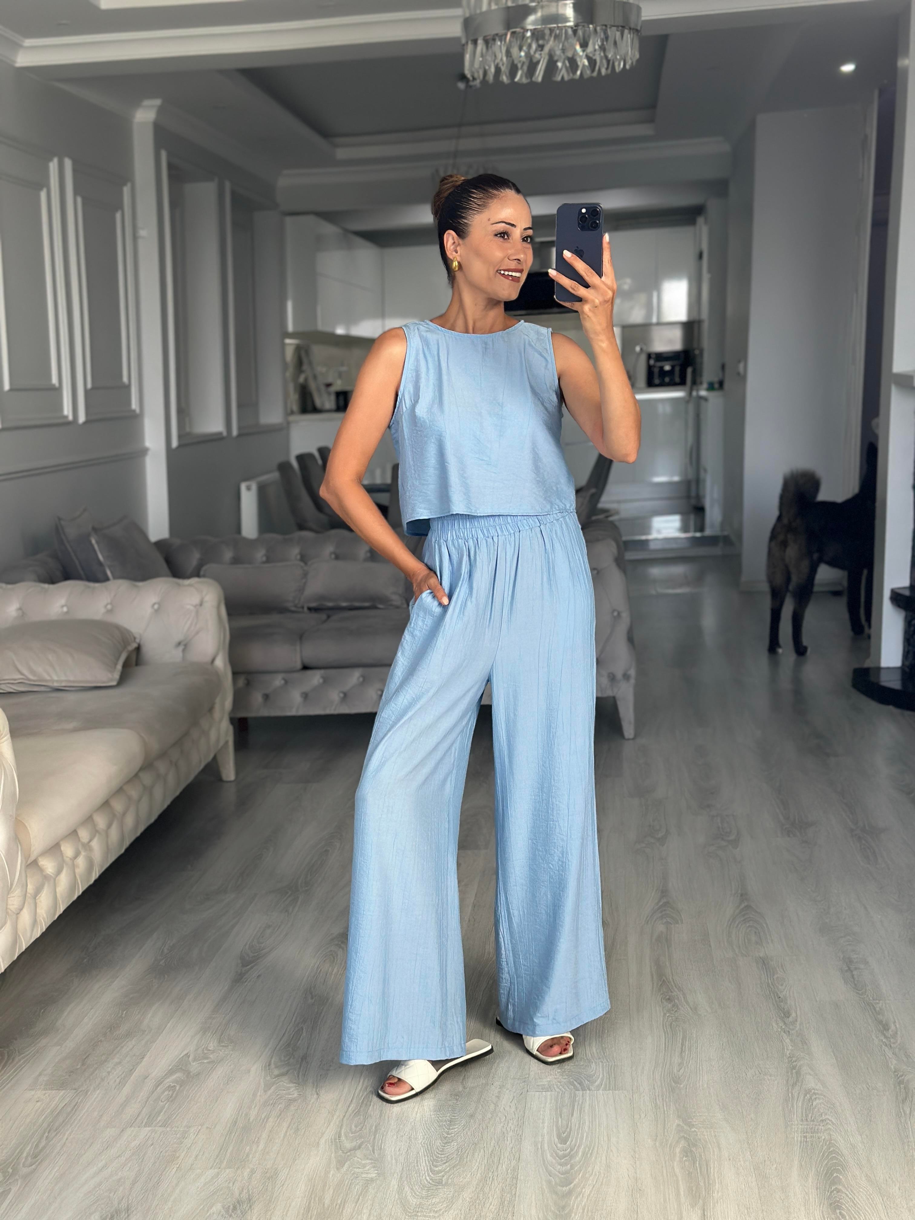 Bebe Mavi Sıfır Kol Arkası Bağcıklı Bluz Pantolon Kadın İkili Takım