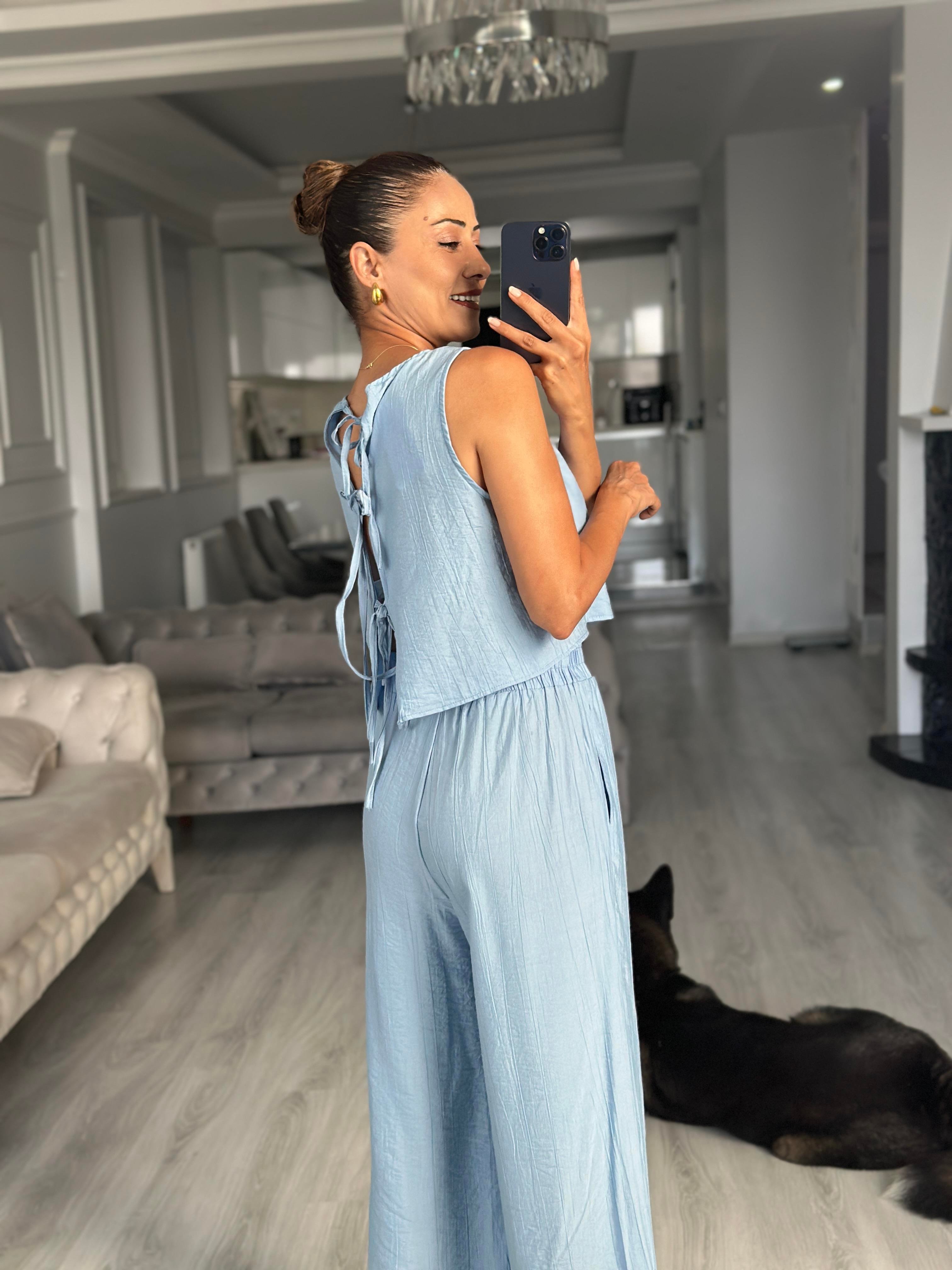 Bebe Mavi Sıfır Kol Arkası Bağcıklı Bluz Pantolon Kadın İkili Takım