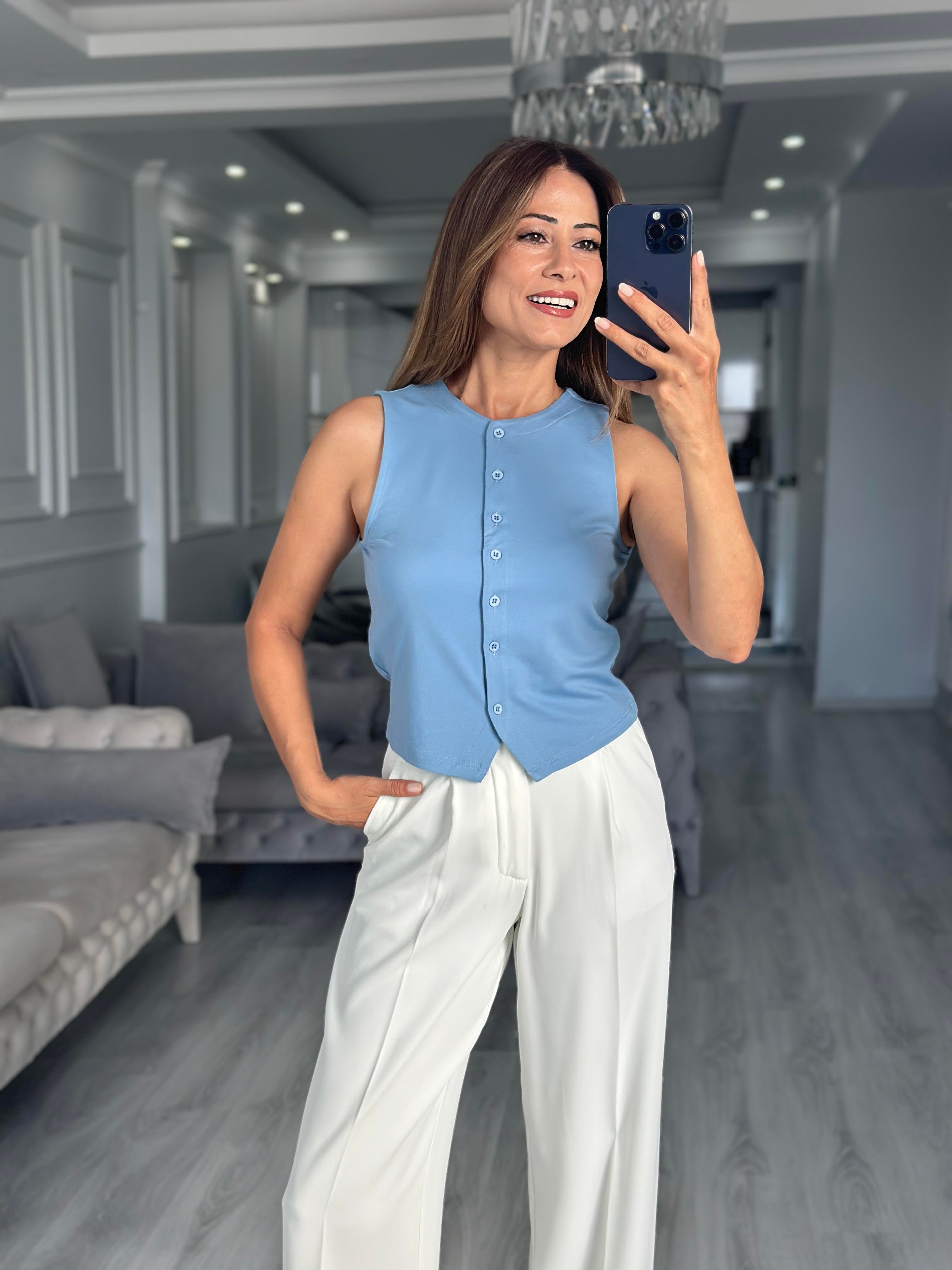 Bebe Mavi Sıfır Kol Düğmeli Bisiklet Yaka Kadın Yelek