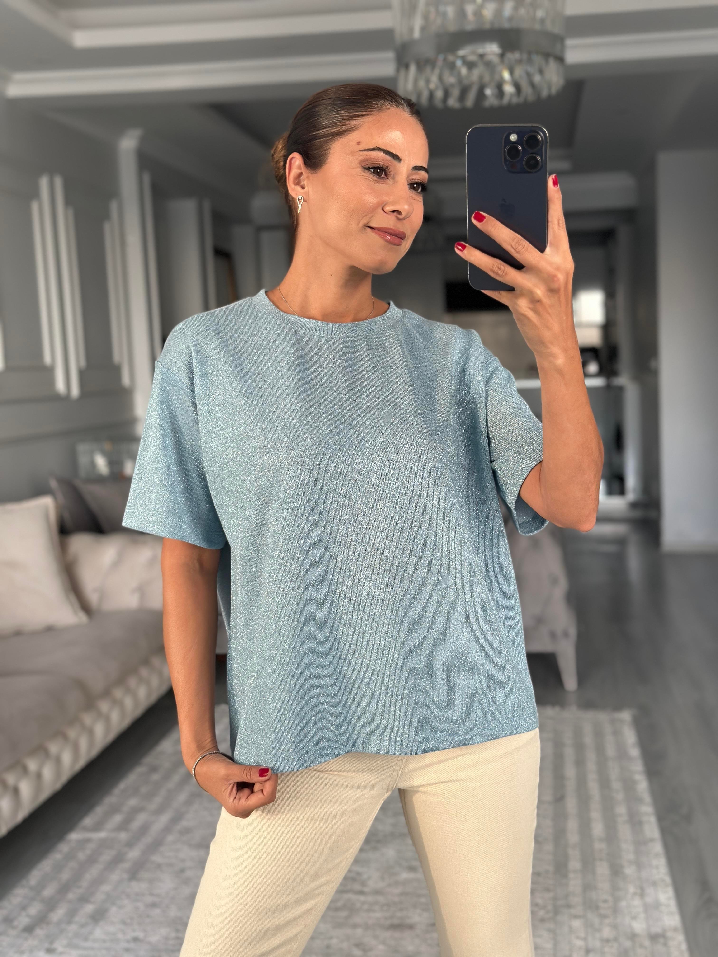 Bebe Mavi Simli Bisiklet Yaka Basic Kadın T-Shirt