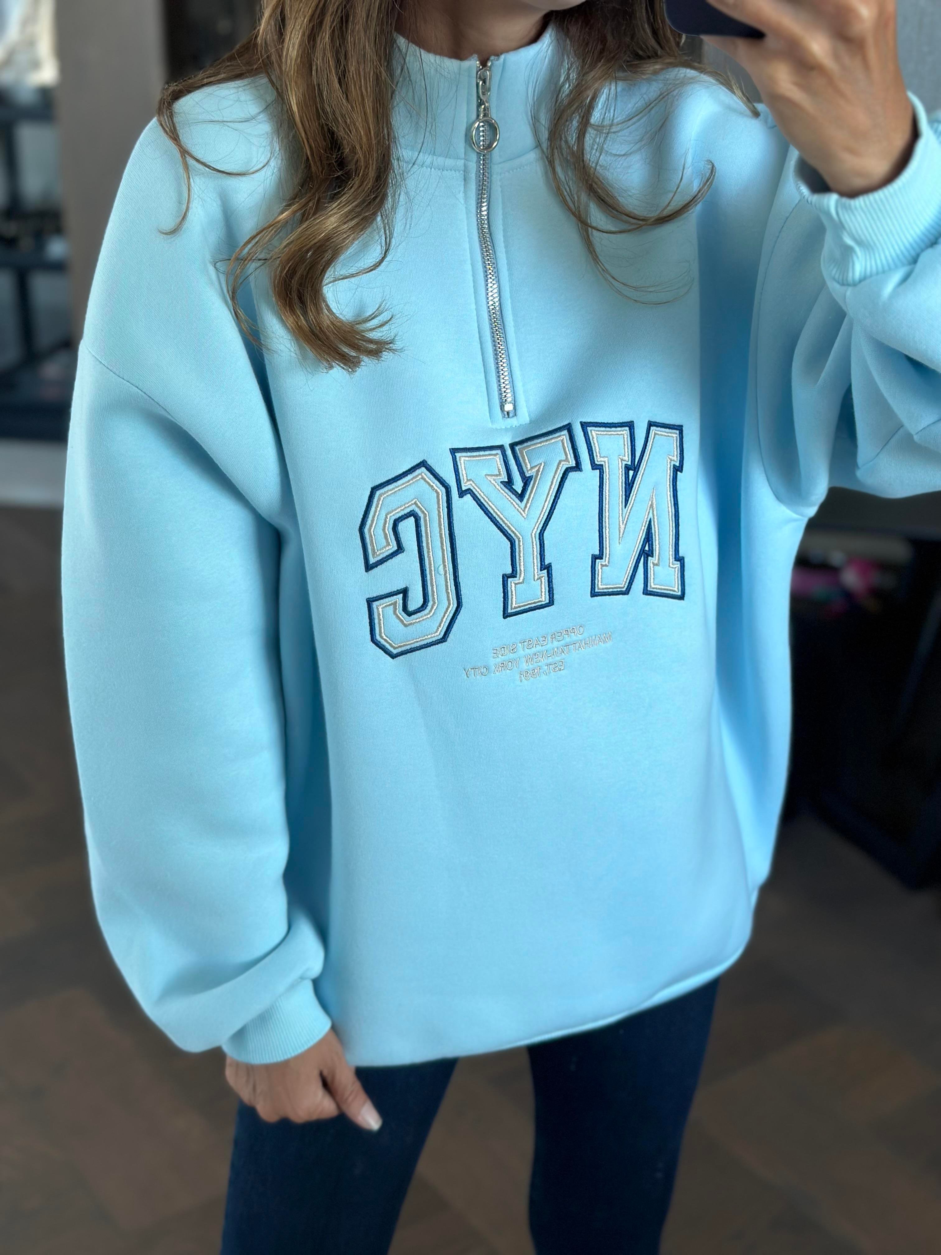 Bebe Mavi Yarım Fermuarlı NYC Baskılı Kadın Sweatshirt