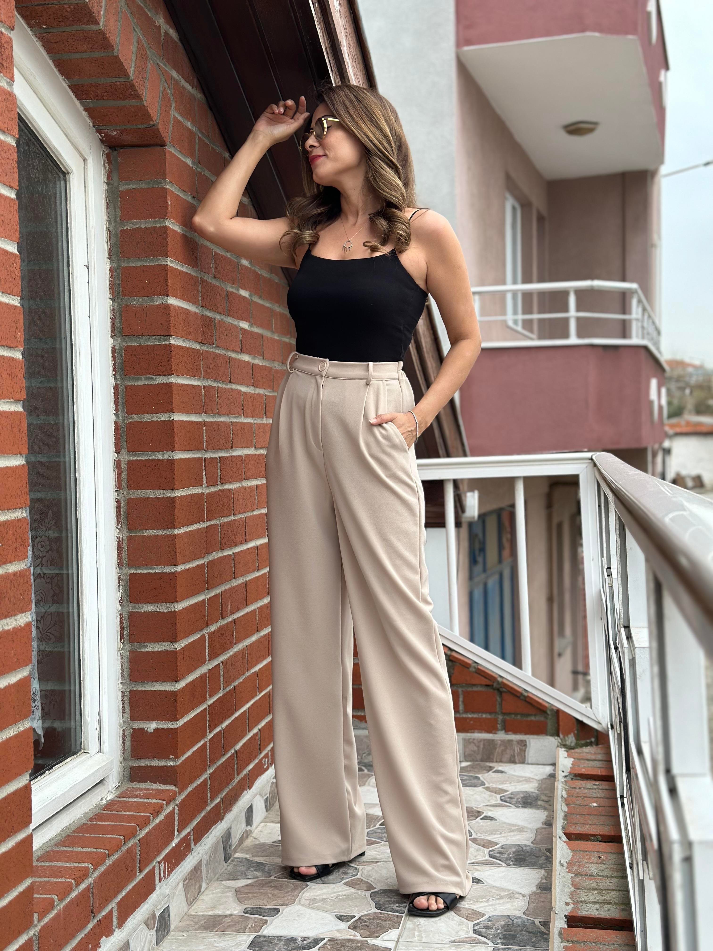 Bej Arka Beli Lastikli Cepli Likralı Krep Palazzo Kadın Pantolon