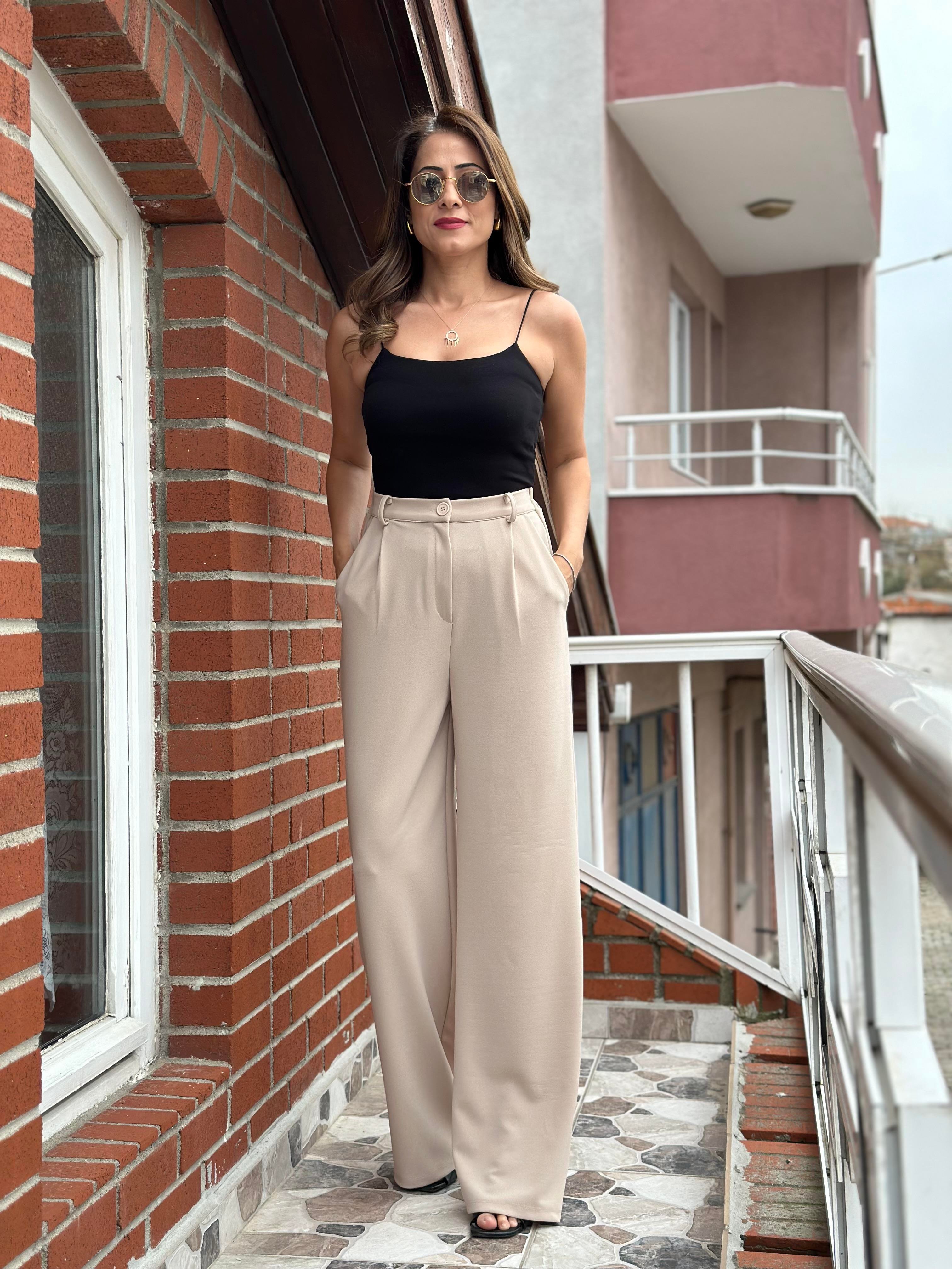 Bej Arka Beli Lastikli Cepli Likralı Krep Palazzo Kadın Pantolon