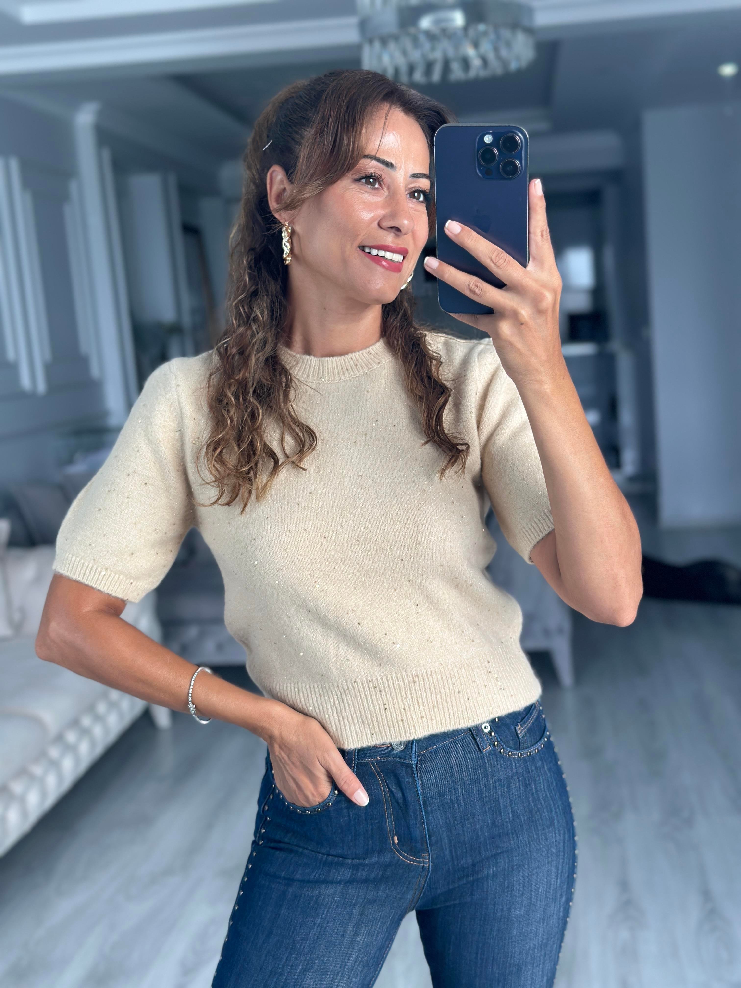 Bej Bisiklet Yaka Kısa Kol Pullu Simli Kadın Kazak